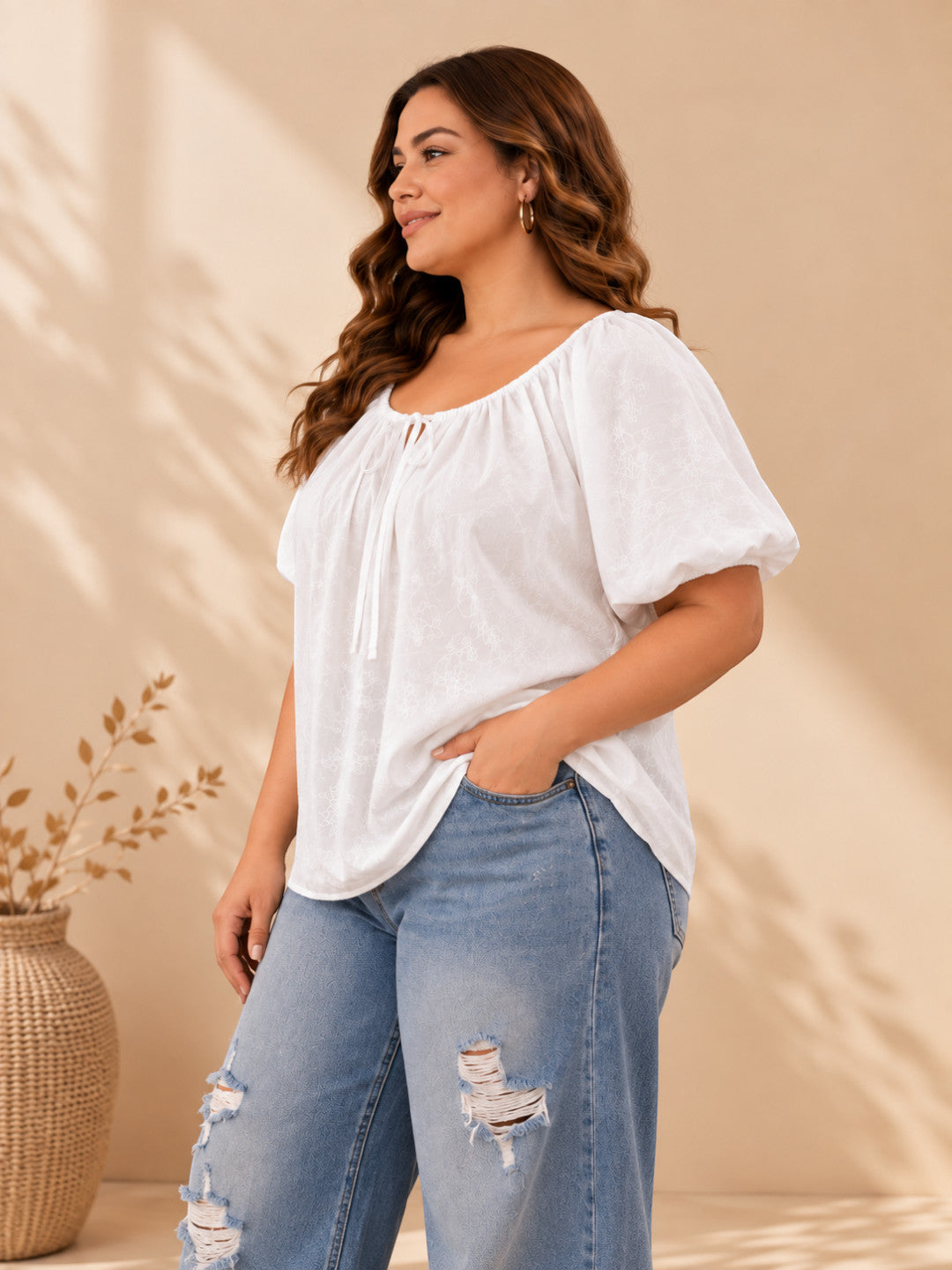 Women Plus Size White Schiffli Cotton Tie-Up Neck Puff Sleeve Top - image 2