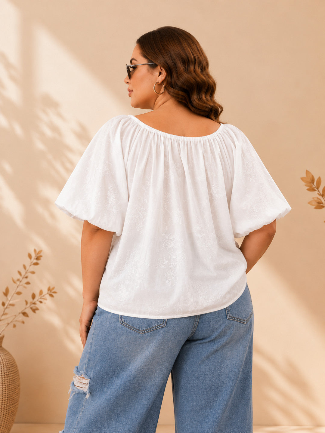 Women Plus Size White Schiffli Cotton Tie-Up Neck Puff Sleeve Top - image 3