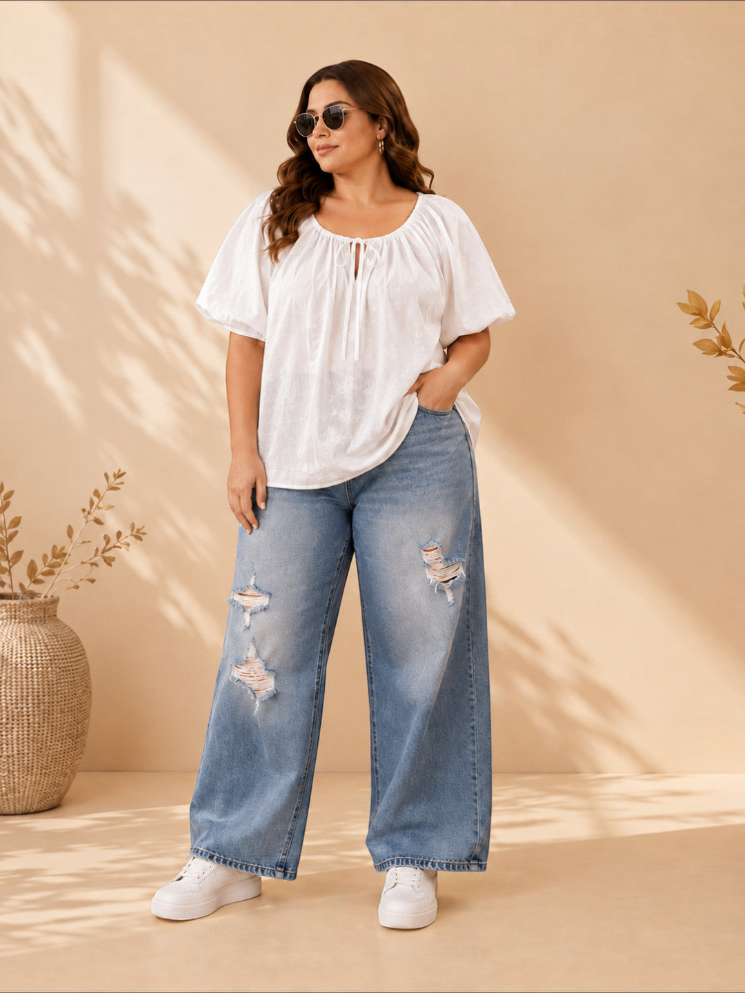 Women Plus Size White Schiffli Cotton Tie-Up Neck Puff Sleeve Top - image 6