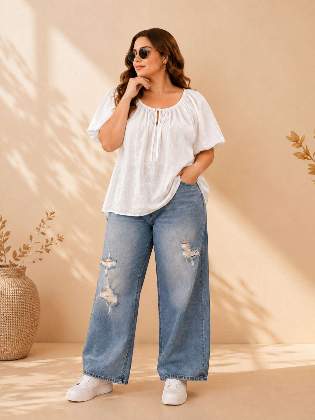 Women Plus Size White Schiffli Cotton Tie-Up Neck Puff Sleeve Top - image 7