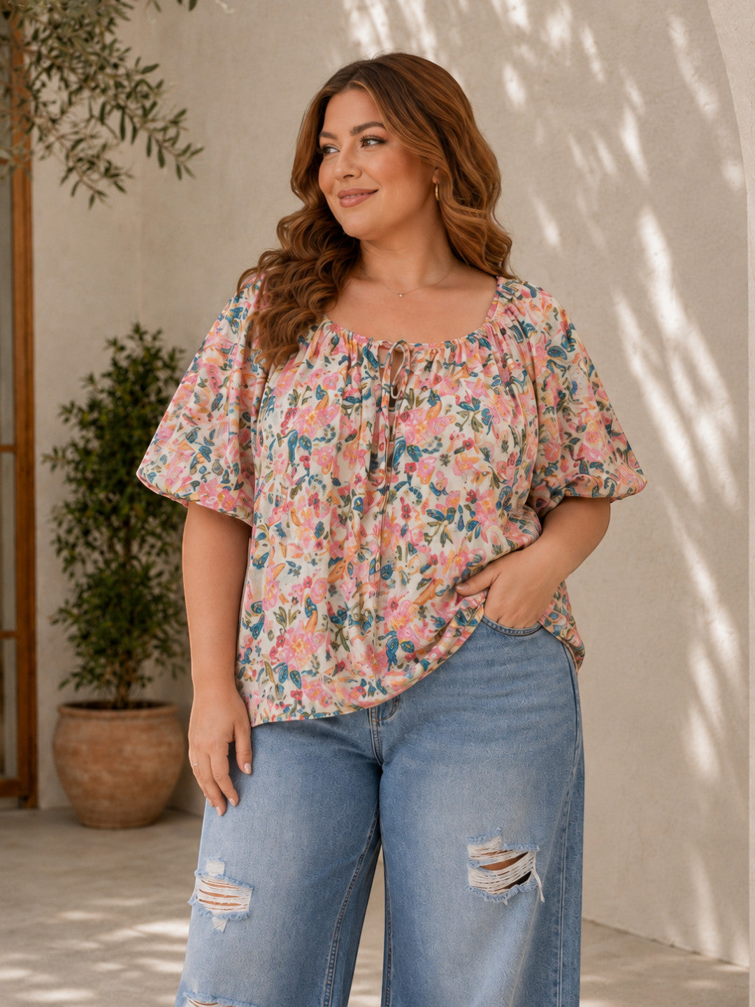 Women Plus Size Multicolor Floral Print Cotton Tie-Up Neck Puff Sleeve Top - image 1