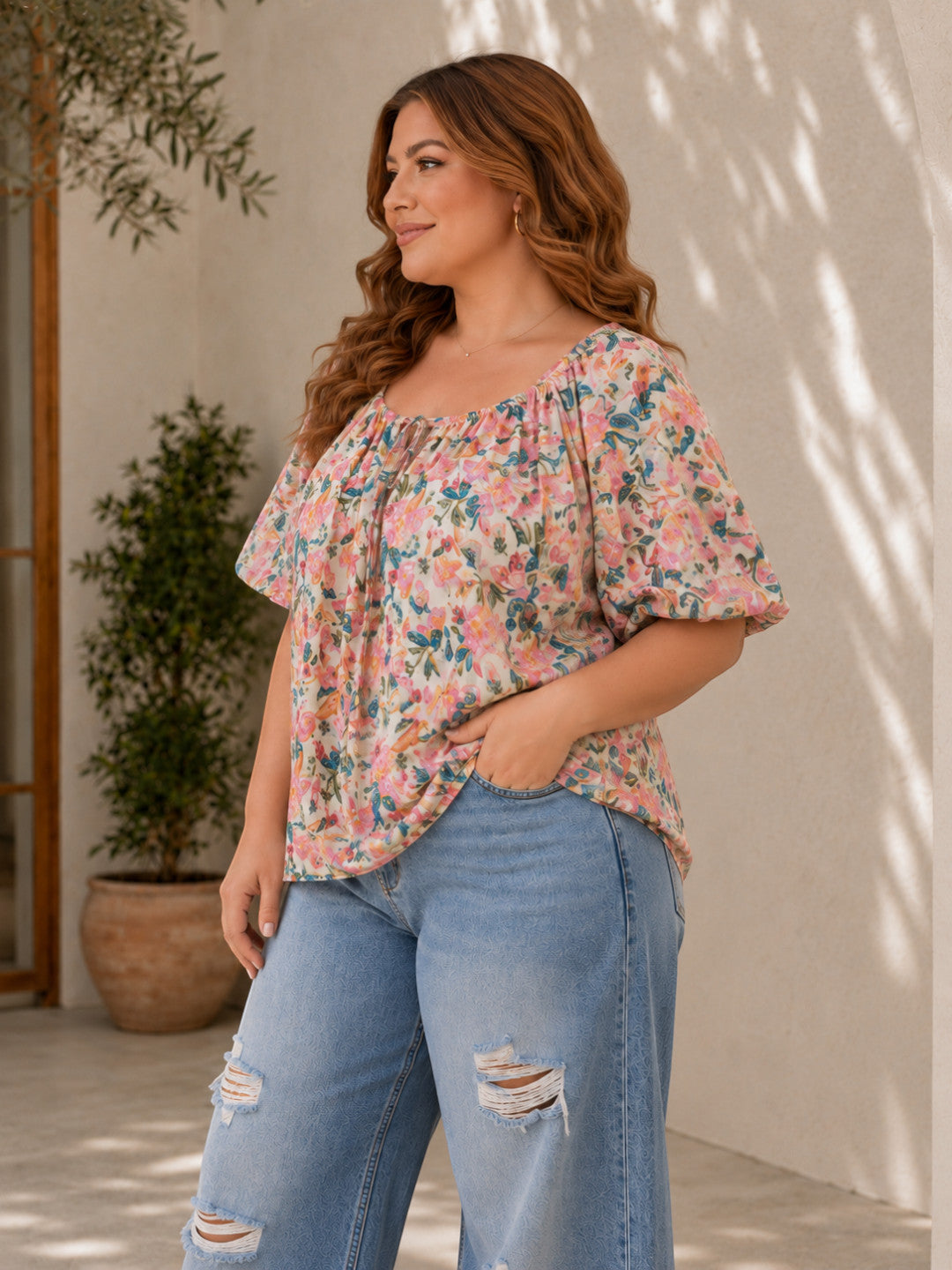 Women Plus Size Multicolor Floral Print Cotton Tie-Up Neck Puff Sleeve Top - image 2