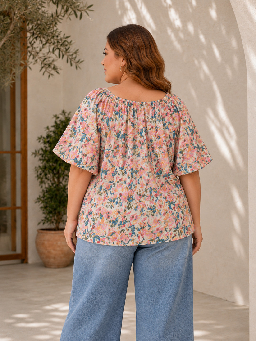 Women Plus Size Multicolor Floral Print Cotton Tie-Up Neck Puff Sleeve Top - image 3