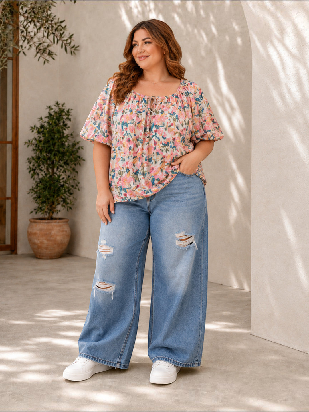 Women Plus Size Multicolor Floral Print Cotton Tie-Up Neck Puff Sleeve Top - image 5
