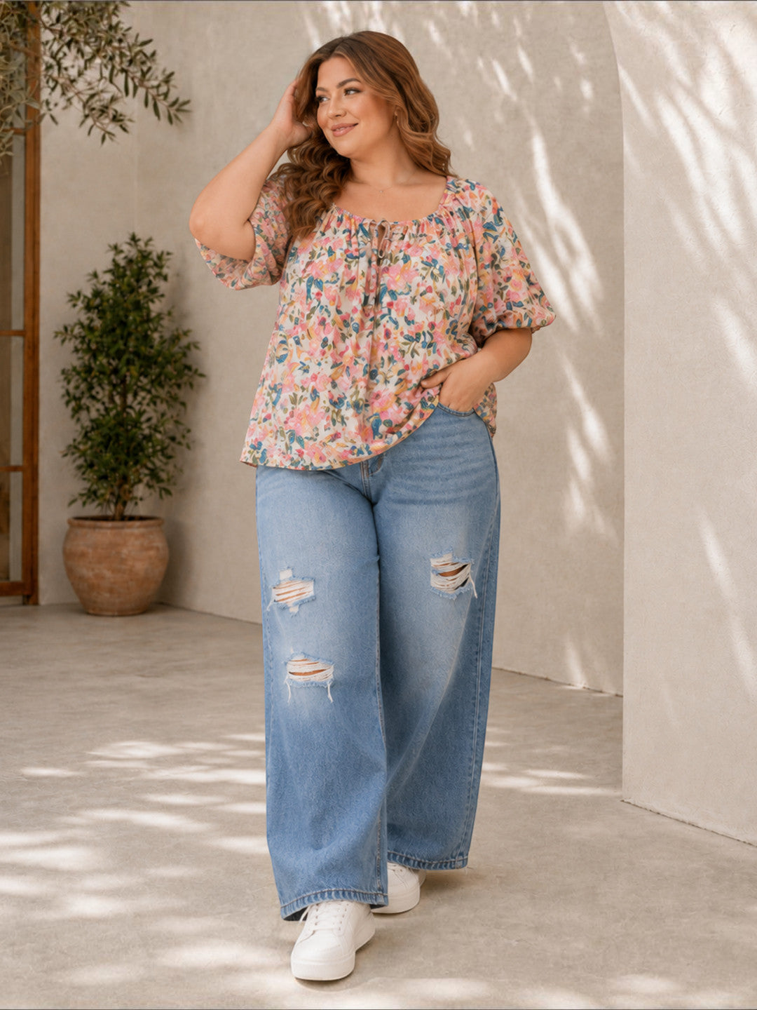 Women Plus Size Multicolor Floral Print Cotton Tie-Up Neck Puff Sleeve Top - image 6
