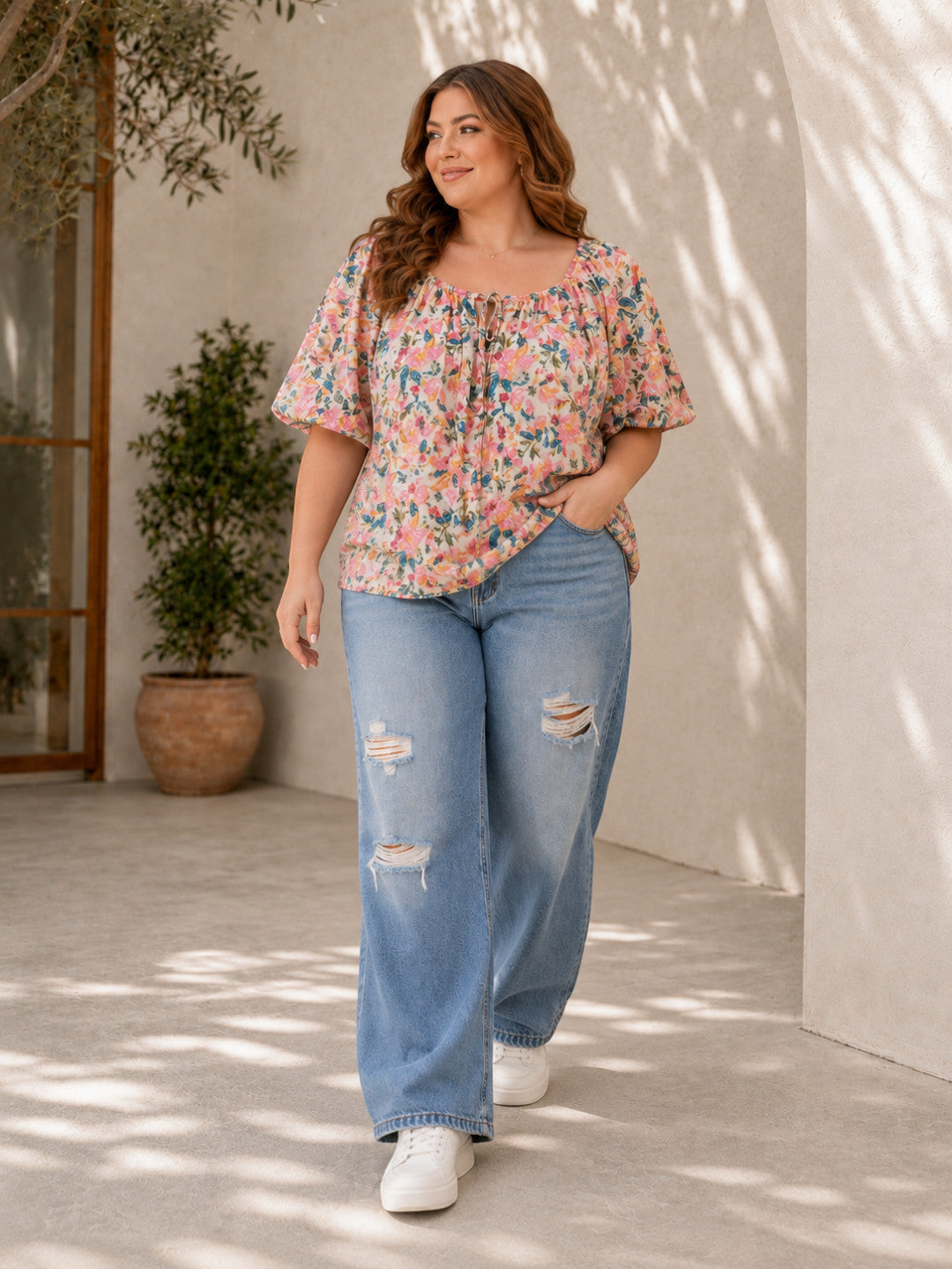 Women Plus Size Multicolor Floral Print Cotton Tie-Up Neck Puff Sleeve Top - image 7