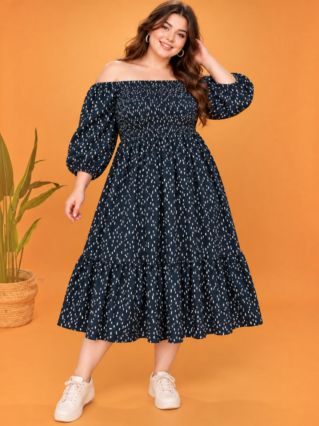 Women Plus Size Black Polka Dot Cotton Gauze Off-Shoulder Smocked Flared Dress - image 1