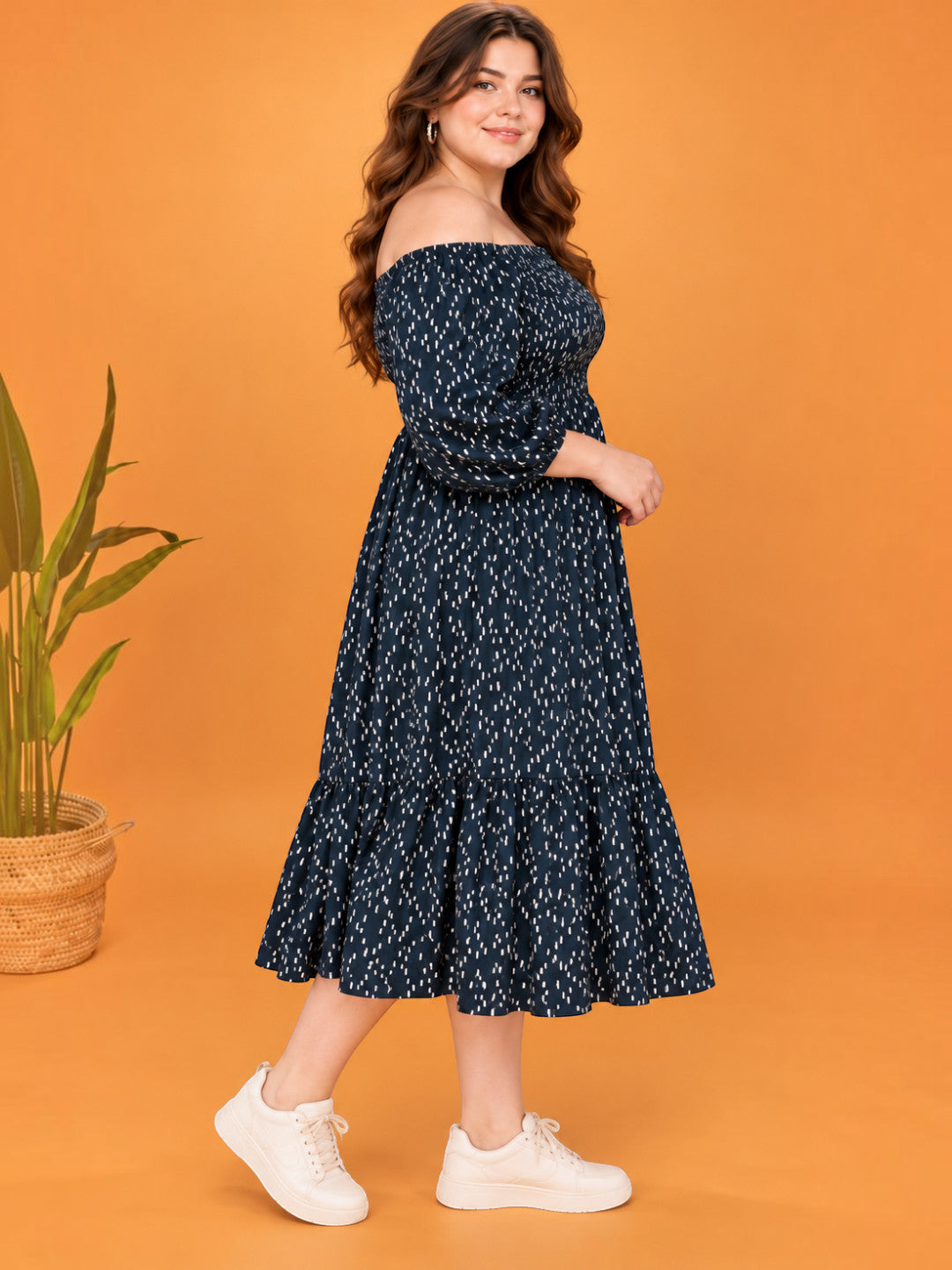 Women Plus Size Black Polka Dot Cotton Gauze Off-Shoulder Smocked Flared Dress - image 2