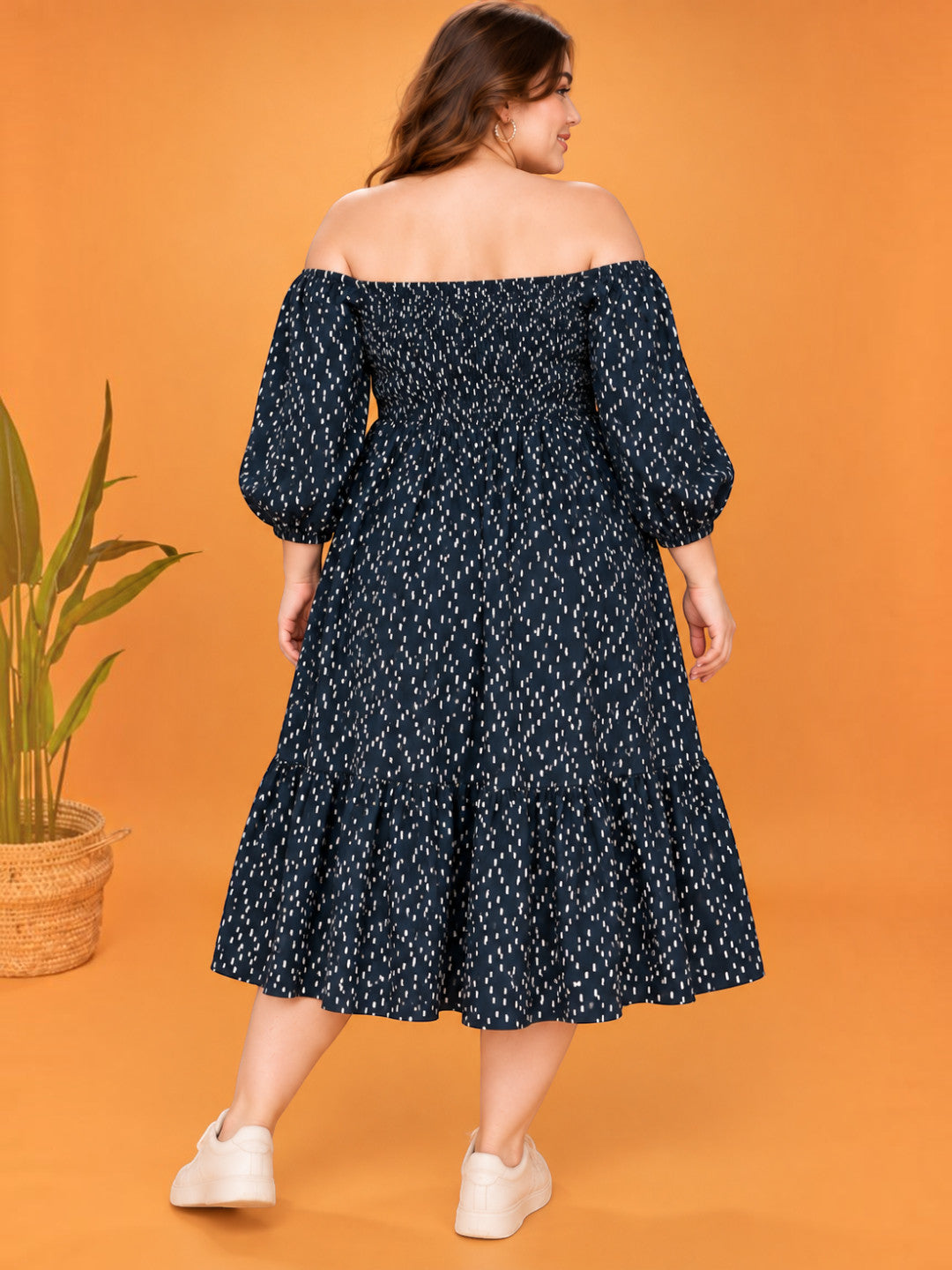 Women Plus Size Black Polka Dot Cotton Gauze Off-Shoulder Smocked Flared Dress - image 3