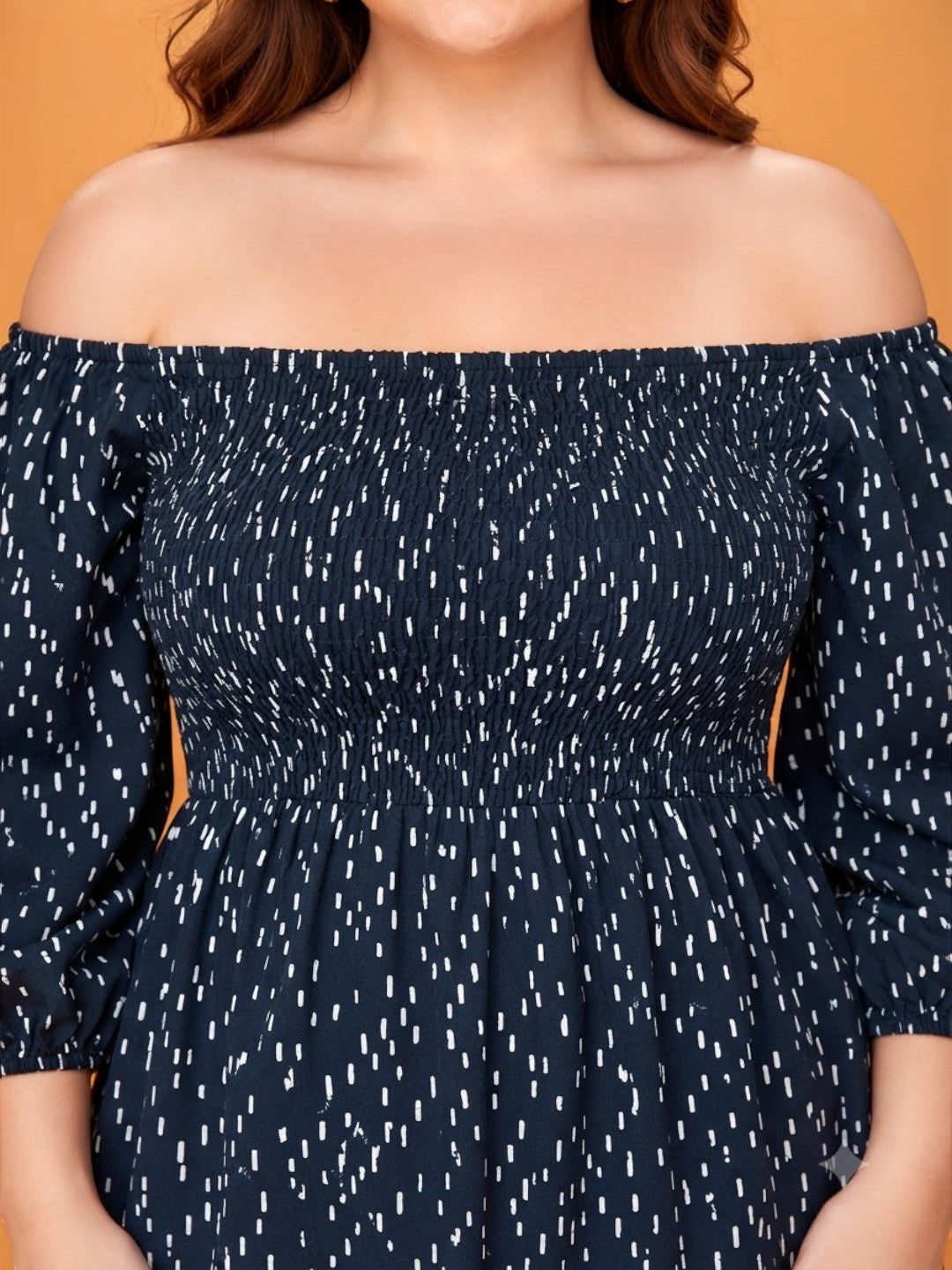 Women Plus Size Black Polka Dot Cotton Gauze Off-Shoulder Smocked Flared Dress - image 4