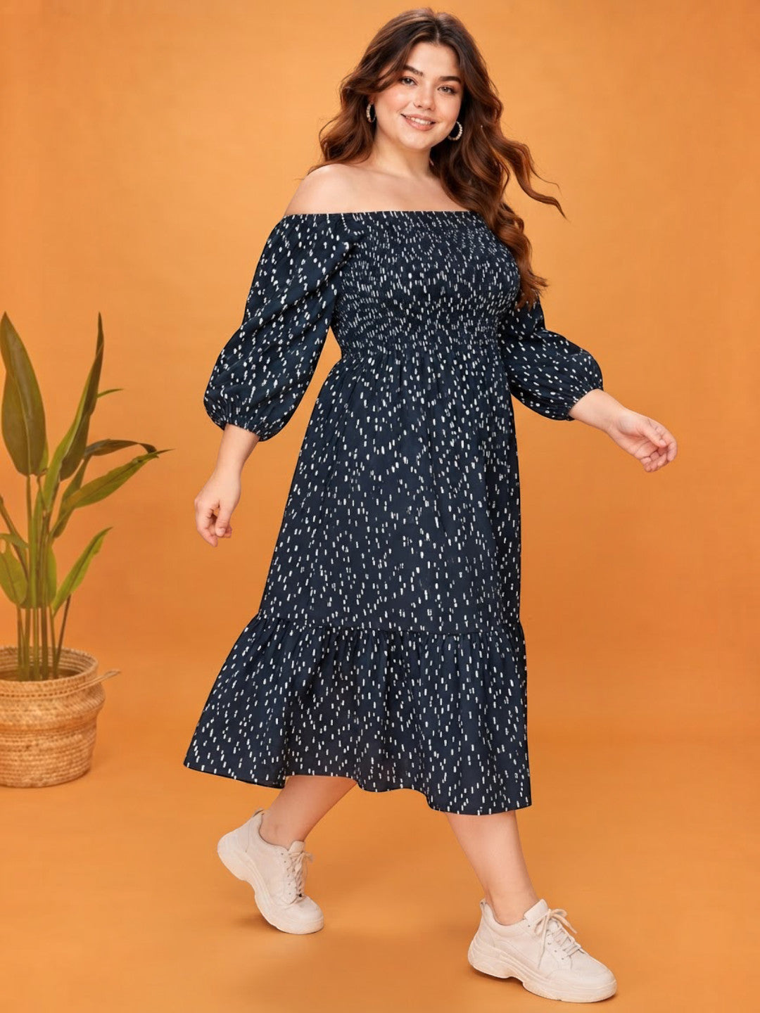 Women Plus Size Black Polka Dot Cotton Gauze Off-Shoulder Smocked Flared Dress - image 5