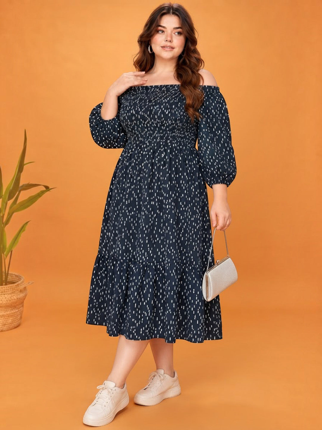 Women Plus Size Black Polka Dot Cotton Gauze Off-Shoulder Smocked Flared Dress - image 6