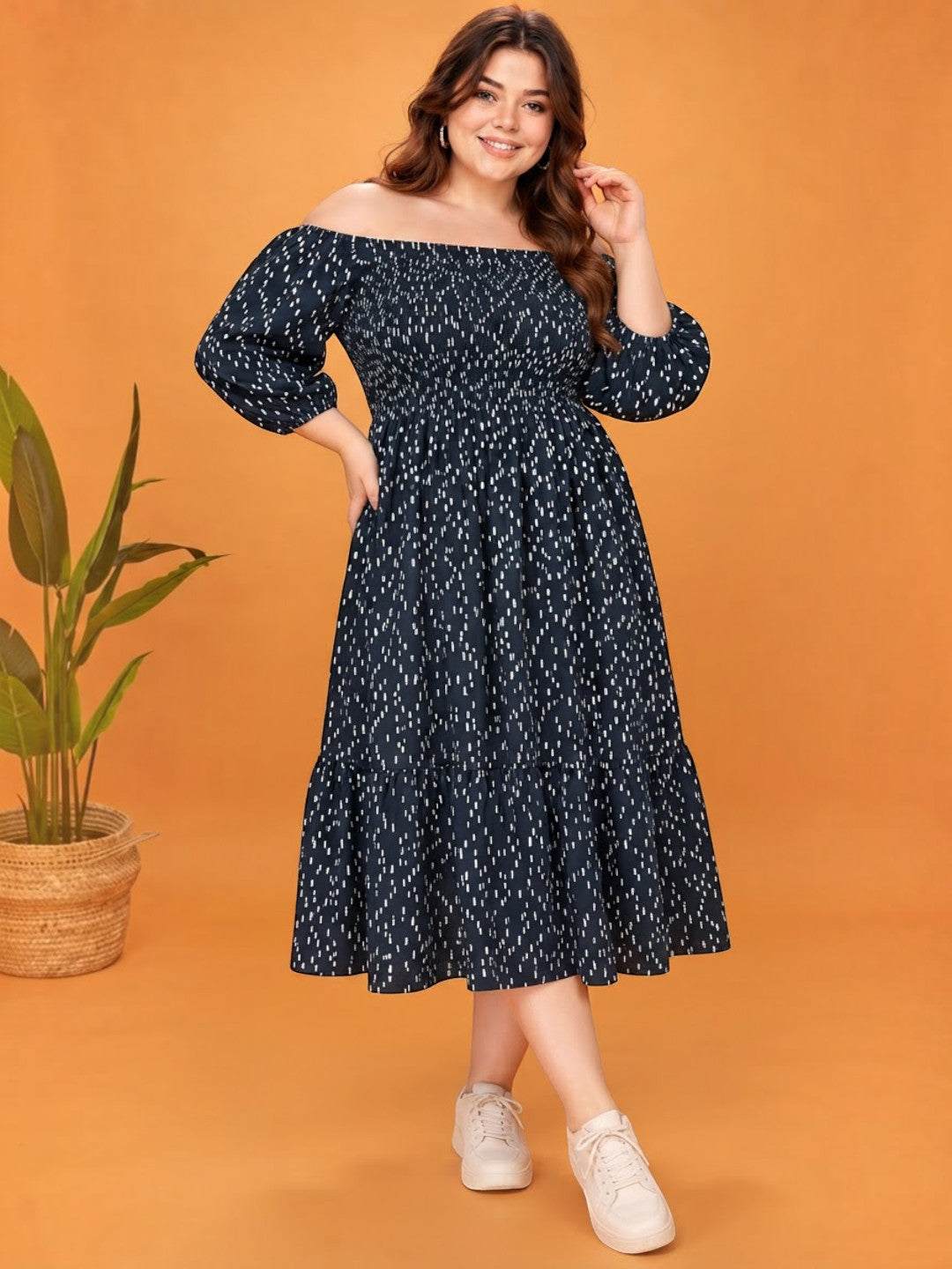 Women Plus Size Black Polka Dot Cotton Gauze Off-Shoulder Smocked Flared Dress - image 7