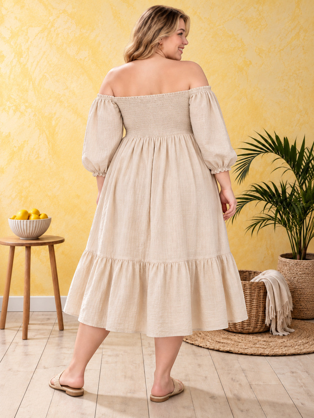 Women Plus Size Beige Solid Cotton Gauze Off-Shoulder Smocked Flared Dress - image 3