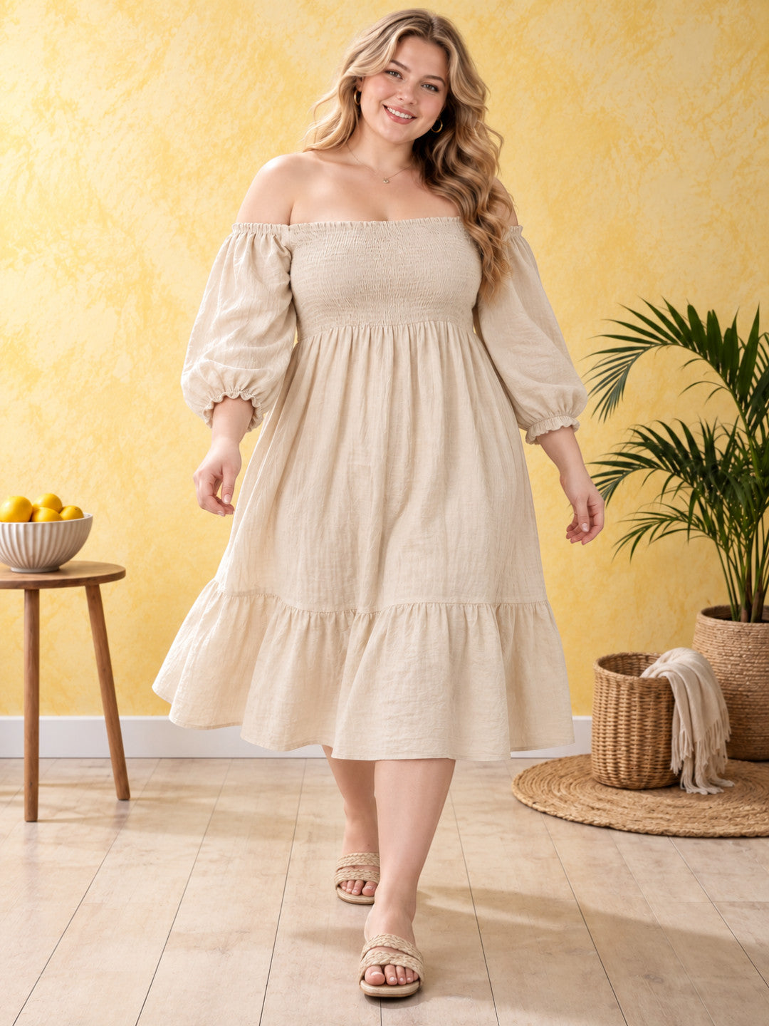 Women Plus Size Beige Solid Cotton Gauze Off-Shoulder Smocked Flared Dress - image 5