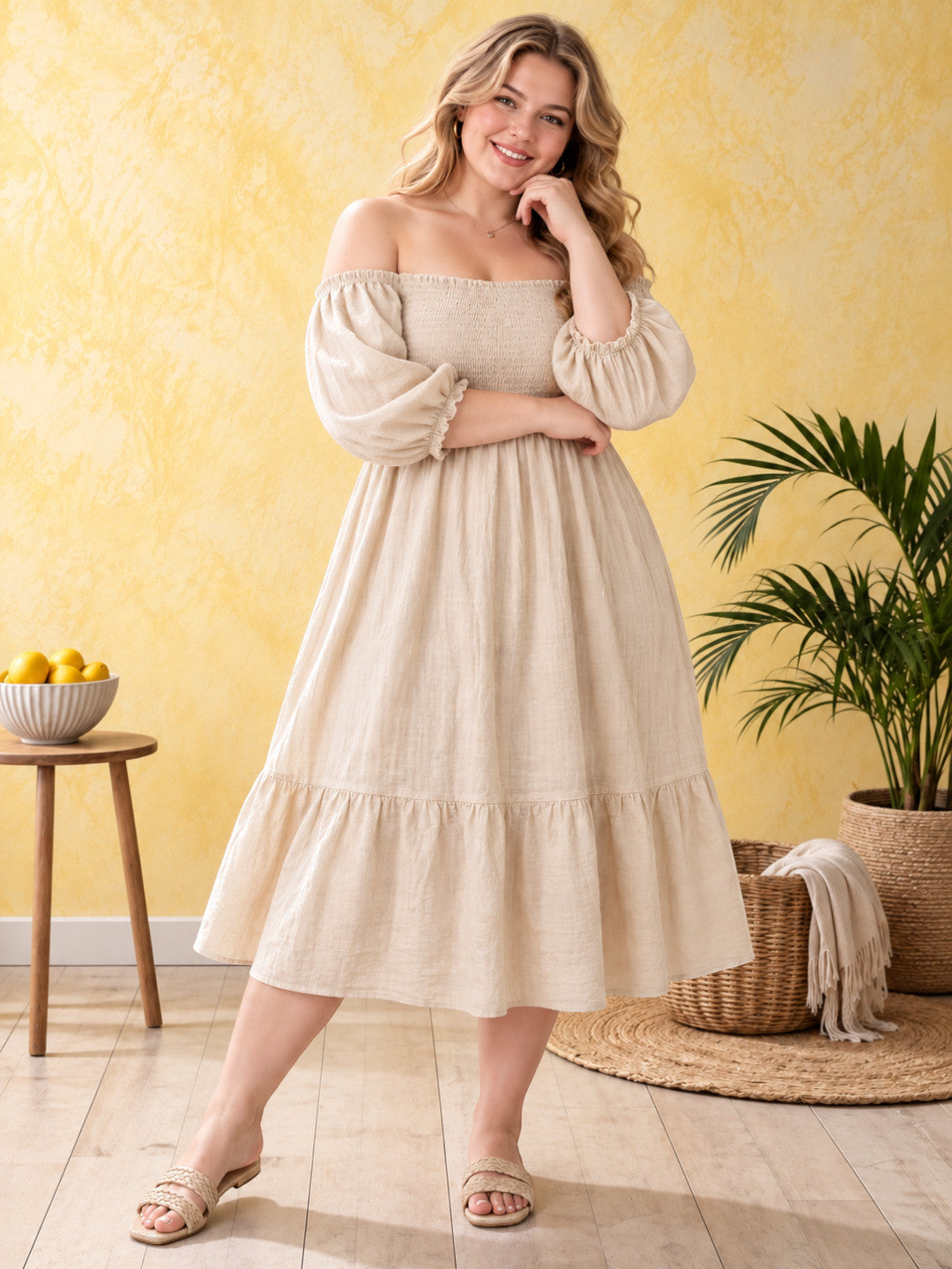 Women Plus Size Beige Solid Cotton Gauze Off-Shoulder Smocked Flared Dress - image 7