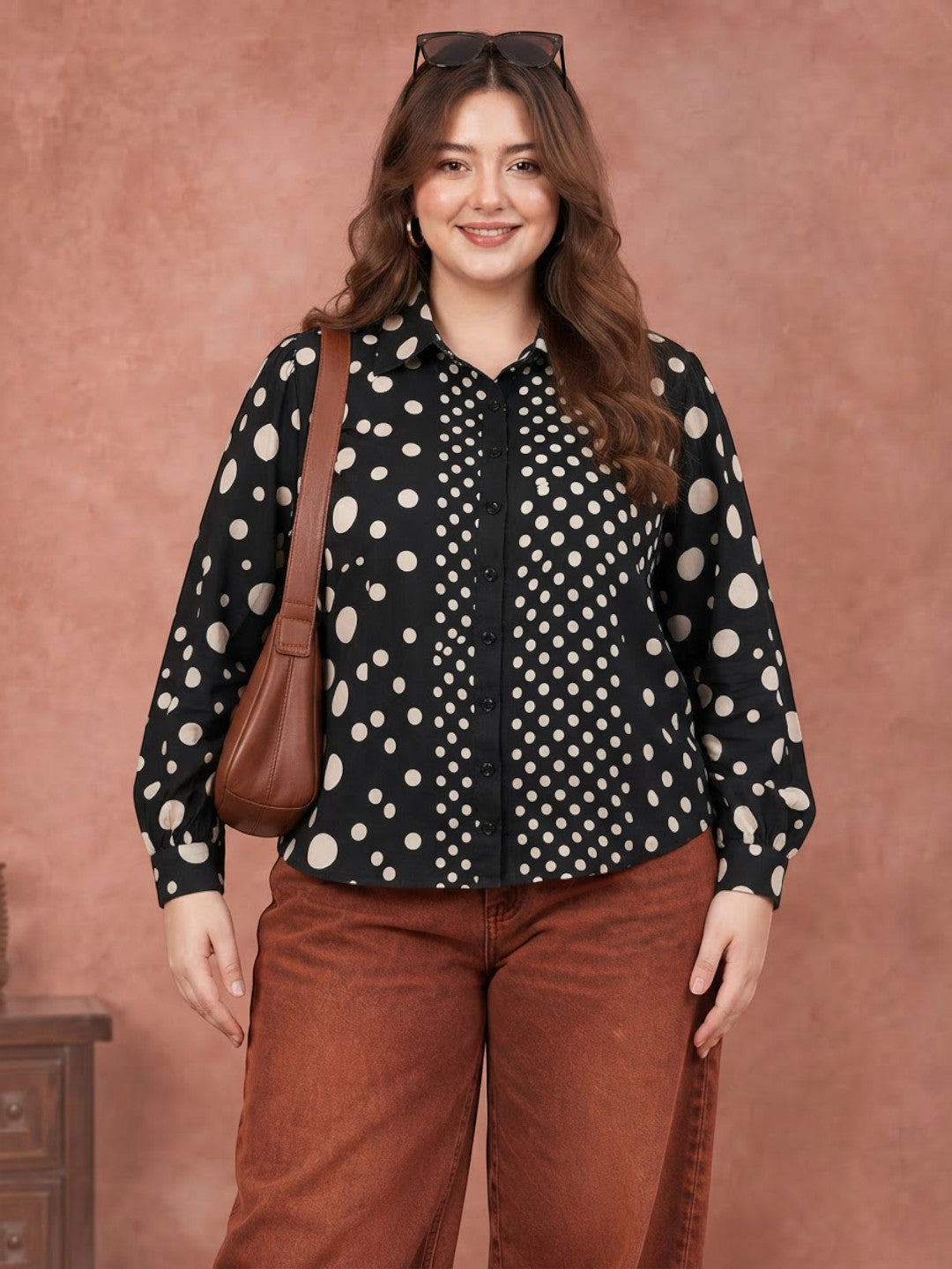 Women Plus Size Black Polka Dot Satin Chiffon Baggy Shirt - image 1