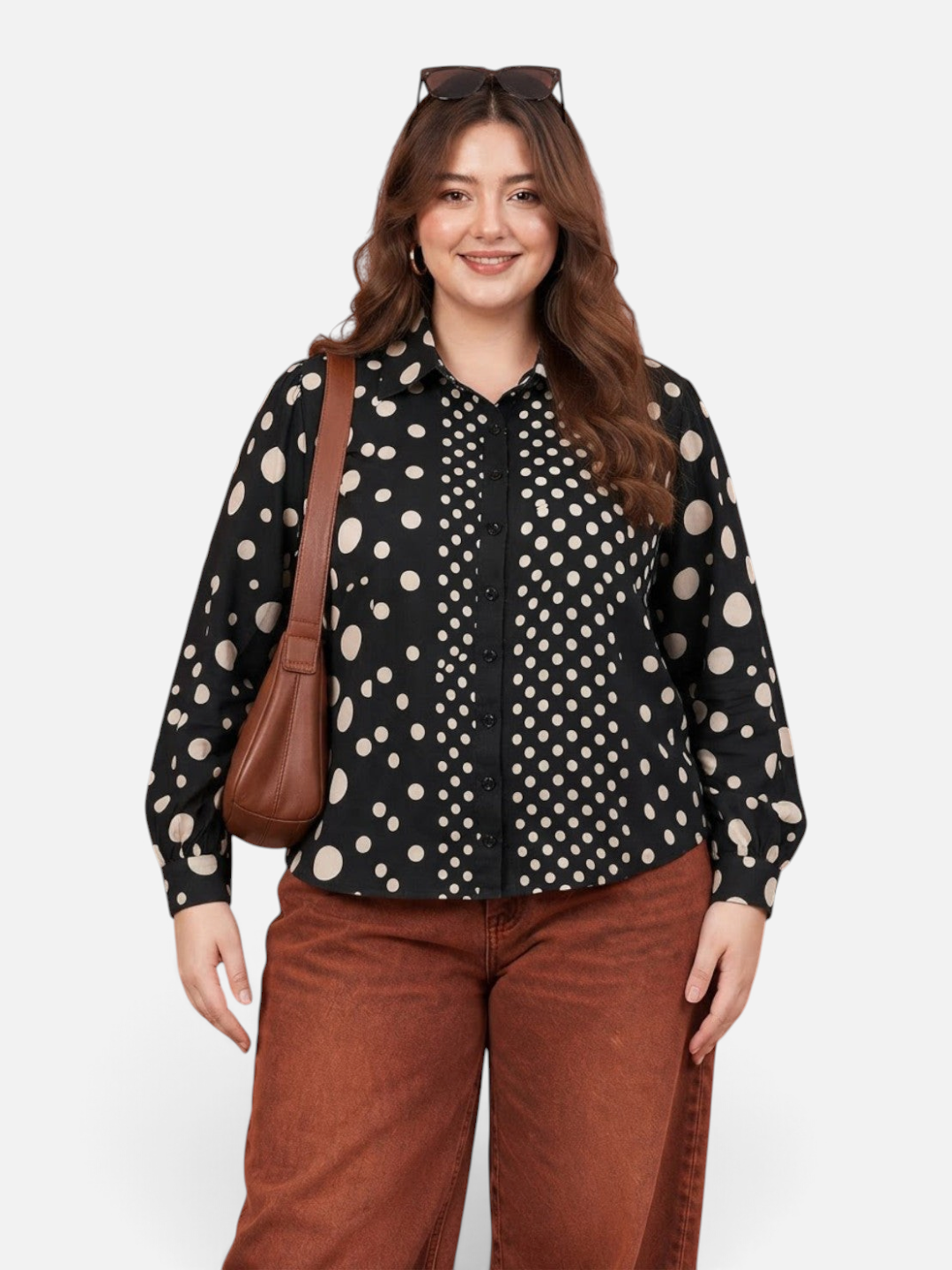 Women Plus Size Black Polka Dot Satin Chiffon Baggy Shirt - image 1