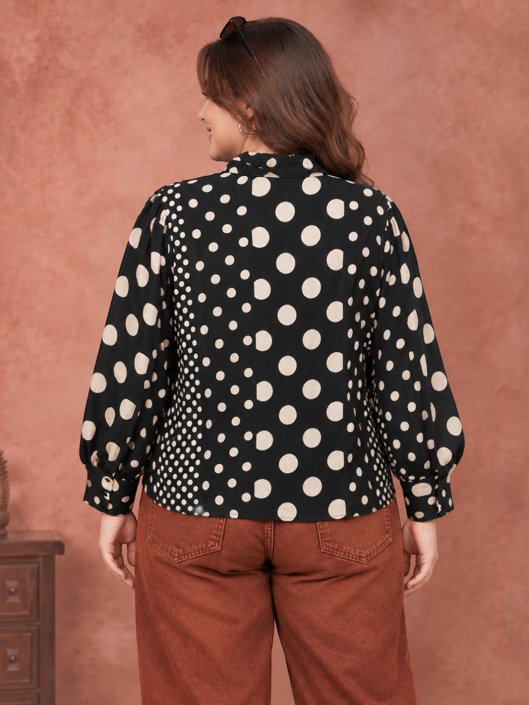 Women Plus Size Black Polka Dot Satin Chiffon Baggy Shirt - image 3