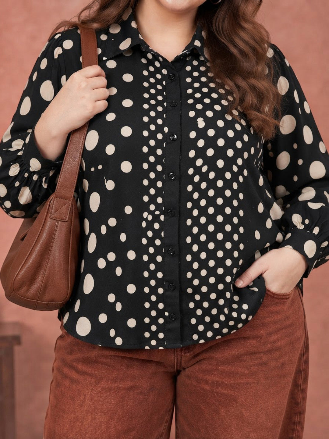 Women Plus Size Black Polka Dot Satin Chiffon Baggy Shirt - image 4