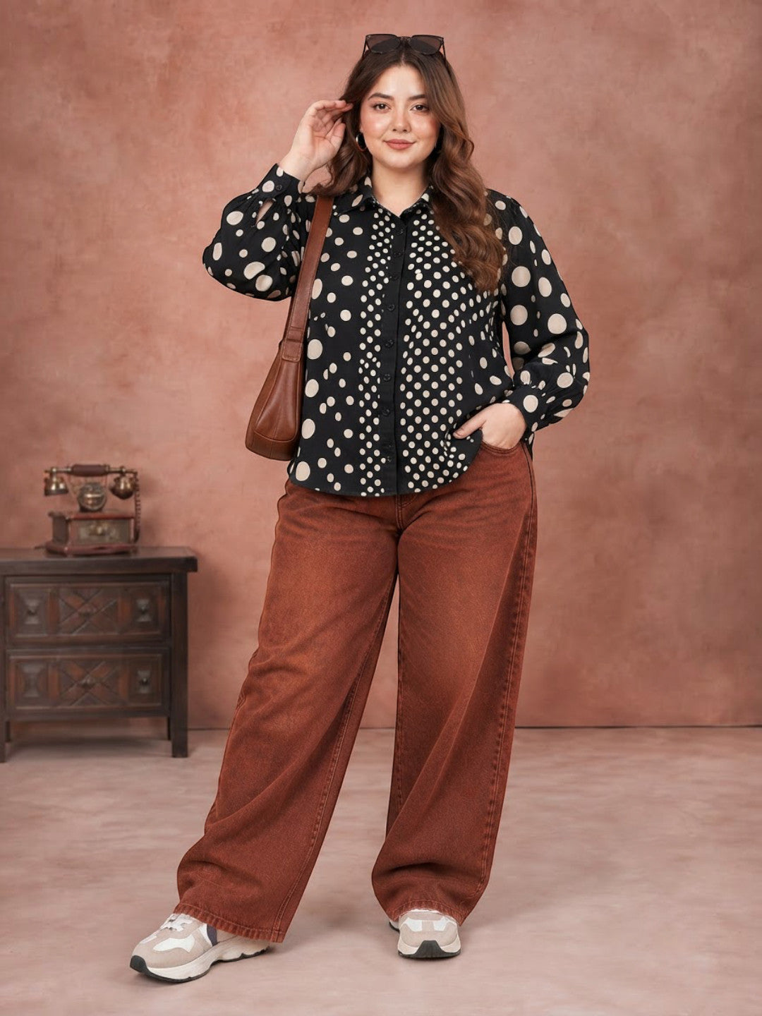 Women Plus Size Black Polka Dot Satin Chiffon Baggy Shirt - image 7