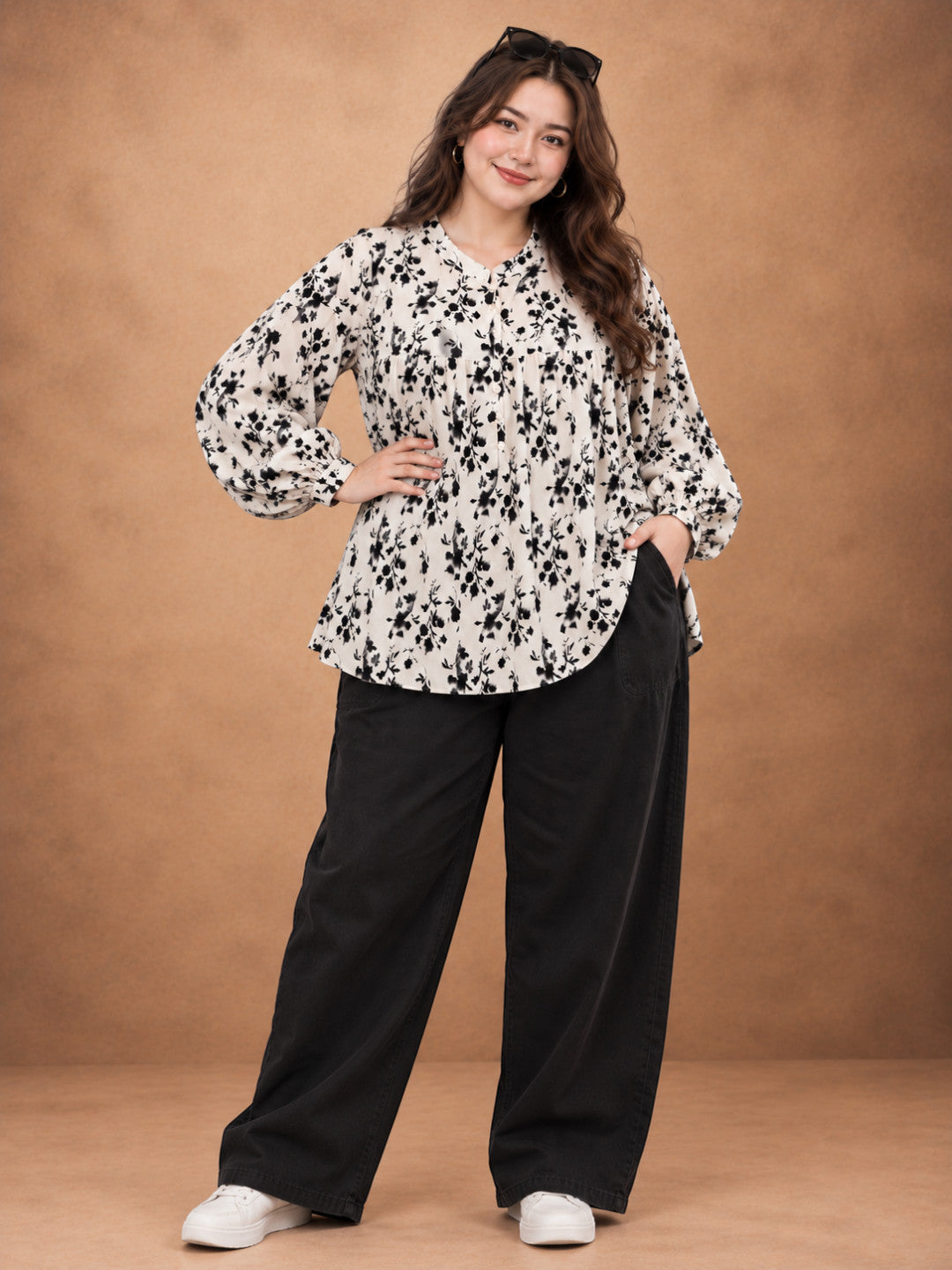 Women Plus Size White Floral Print Viscose Button-Down Baggy Top - image 6
