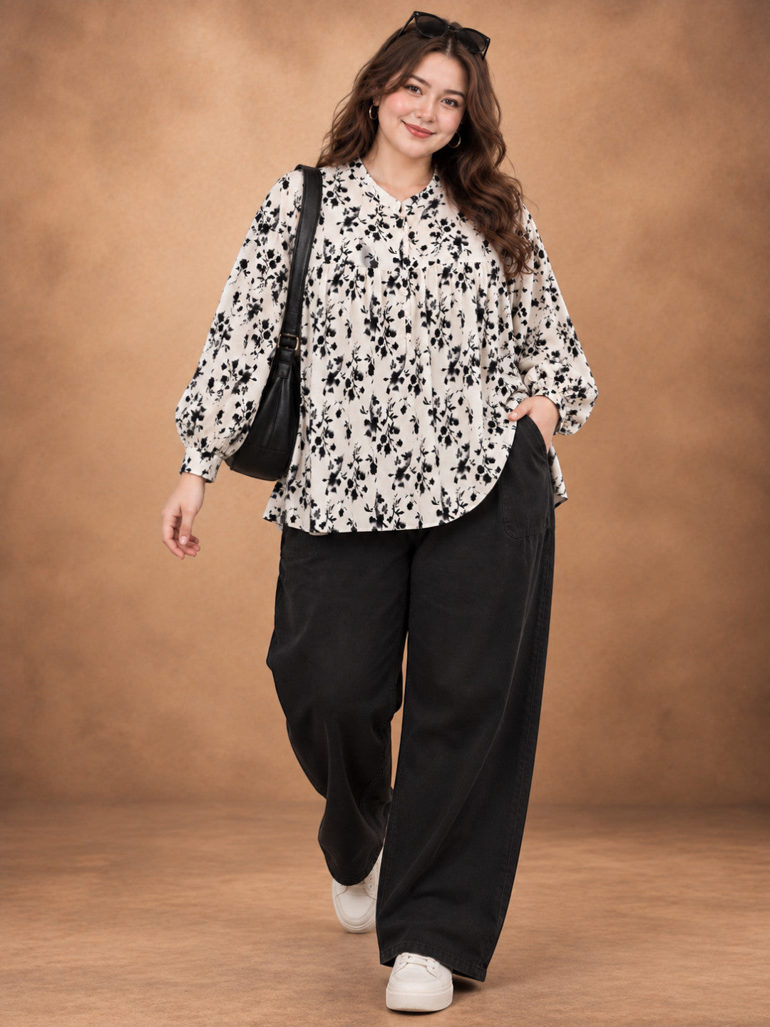 Women Plus Size White Floral Print Viscose Button-Down Baggy Top - image 7