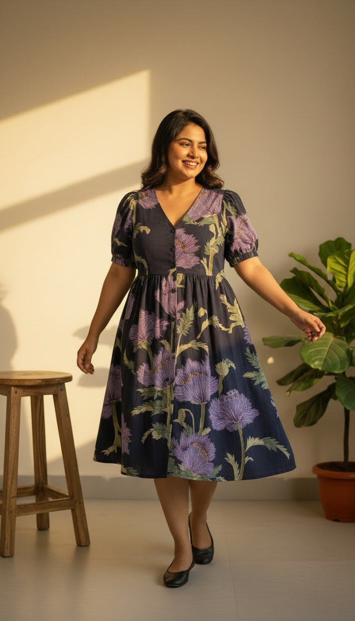 Blue Floral Print Cotton Linen Dress