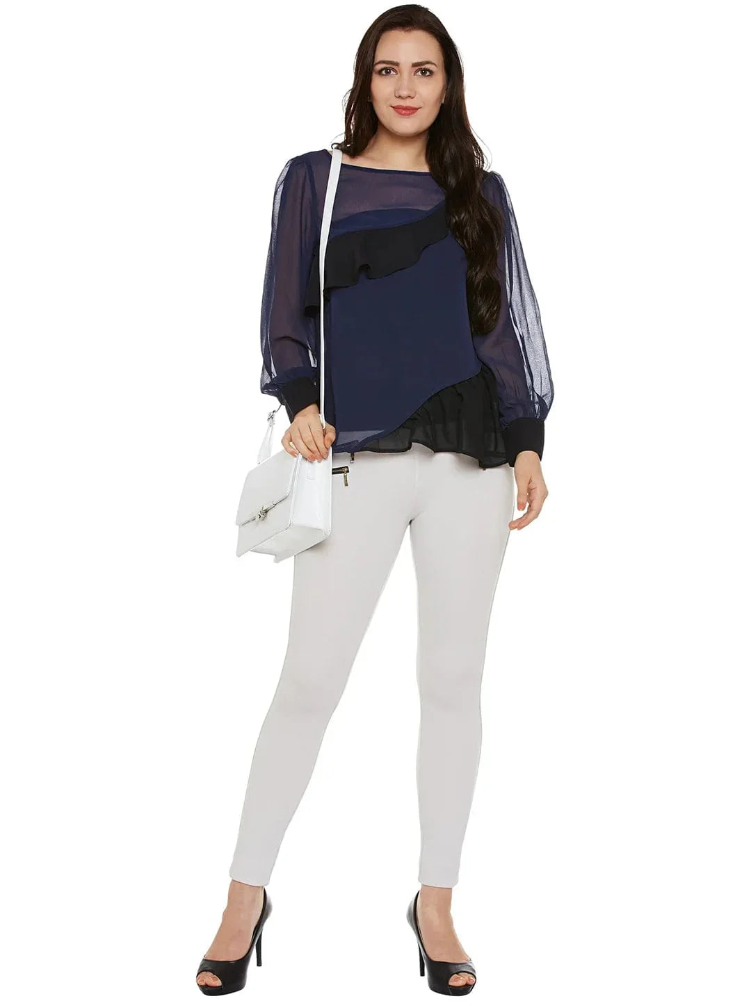 Navy & Black Sheer Top With Ruffles   oxolloxo
