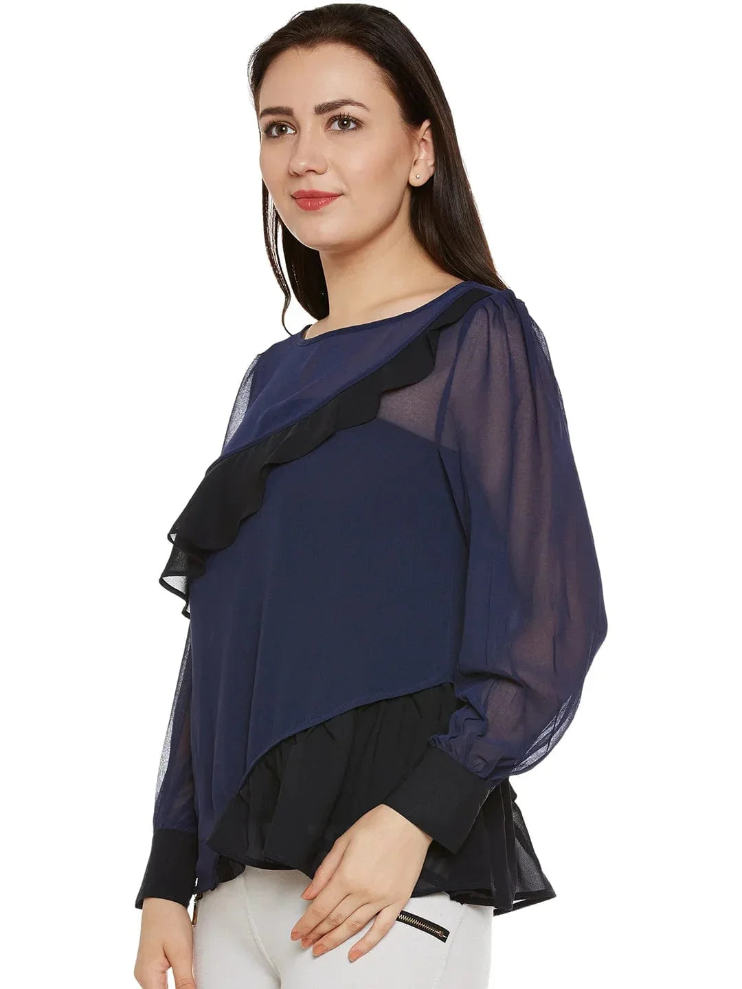 Navy & Black Sheer Top With Ruffles   oxolloxo