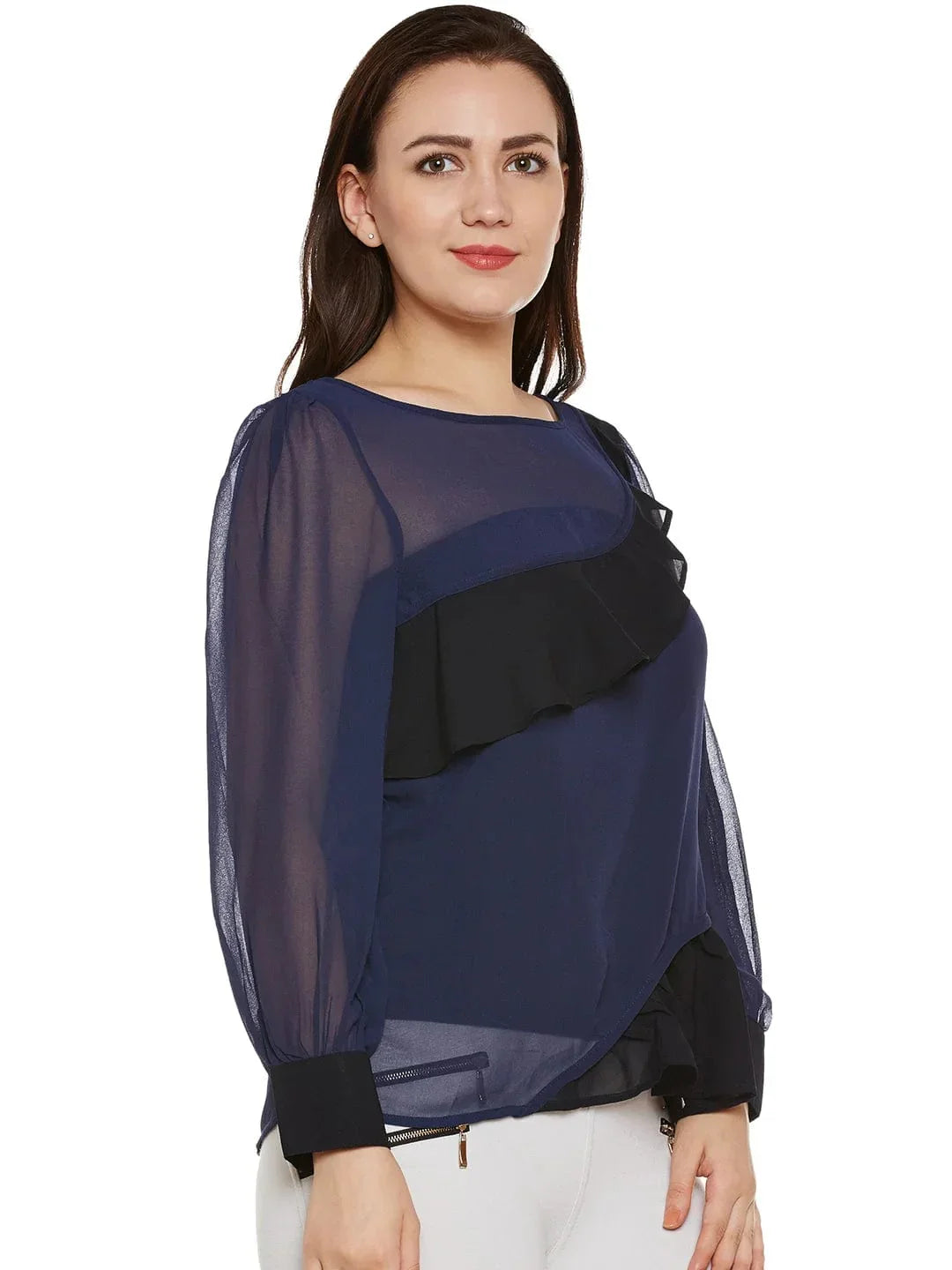 Navy & Black Sheer Top With Ruffles   oxolloxo
