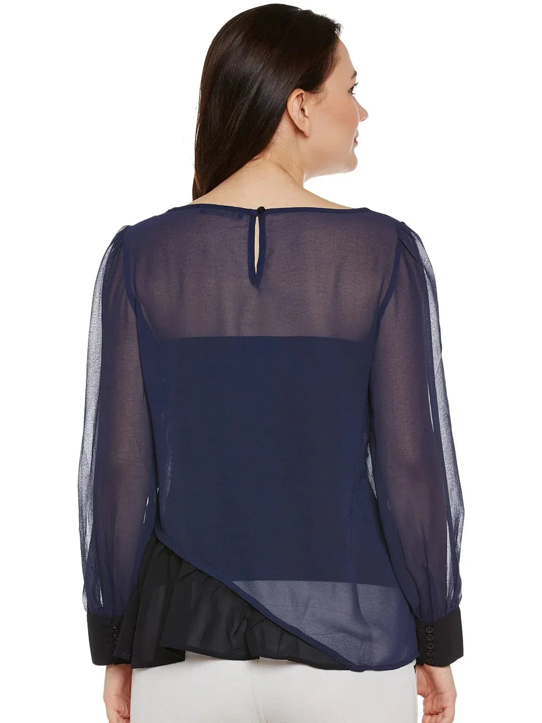 Navy & Black Sheer Top With Ruffles   oxolloxo