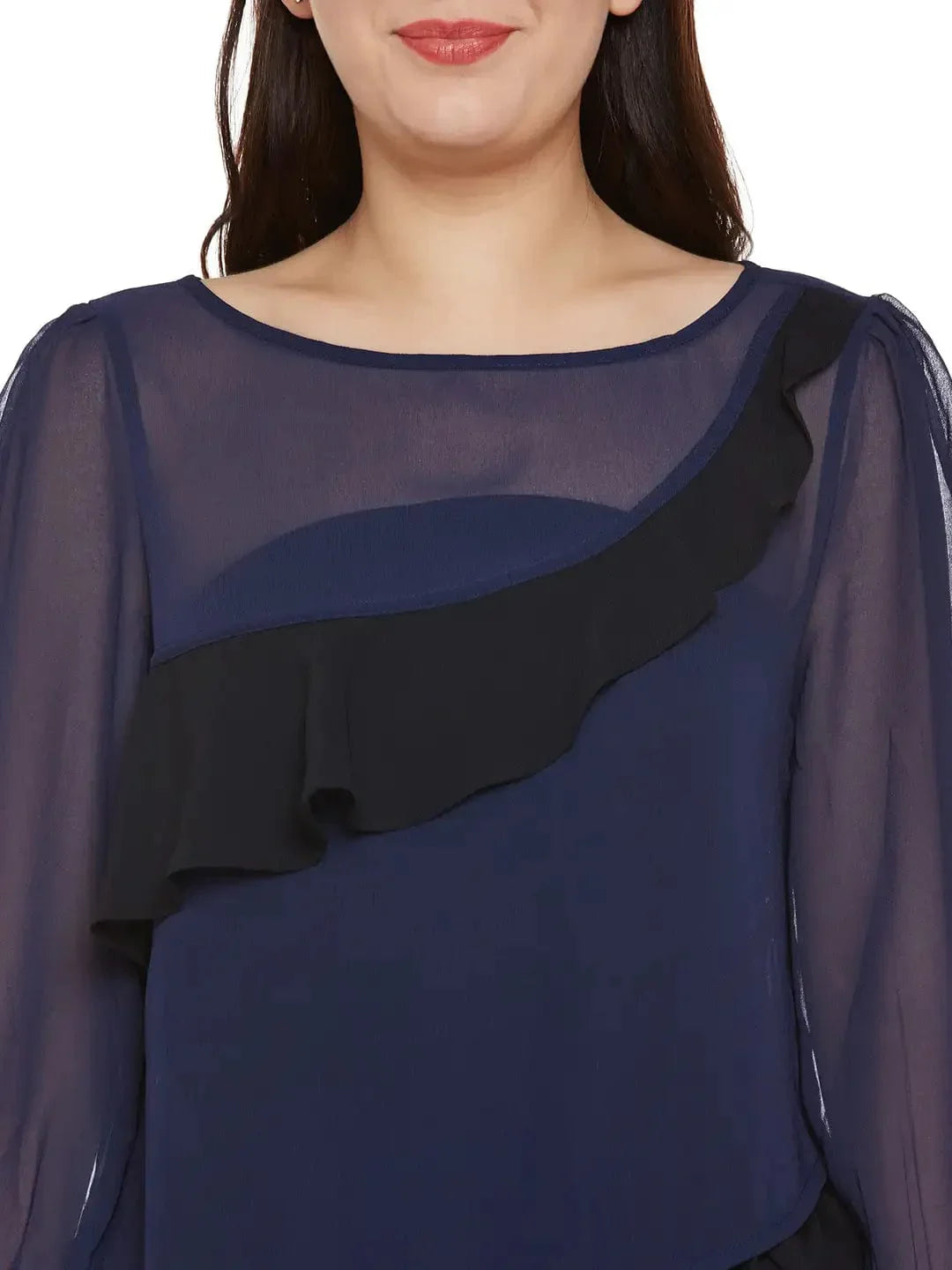 Navy & Black Sheer Top With Ruffles   oxolloxo