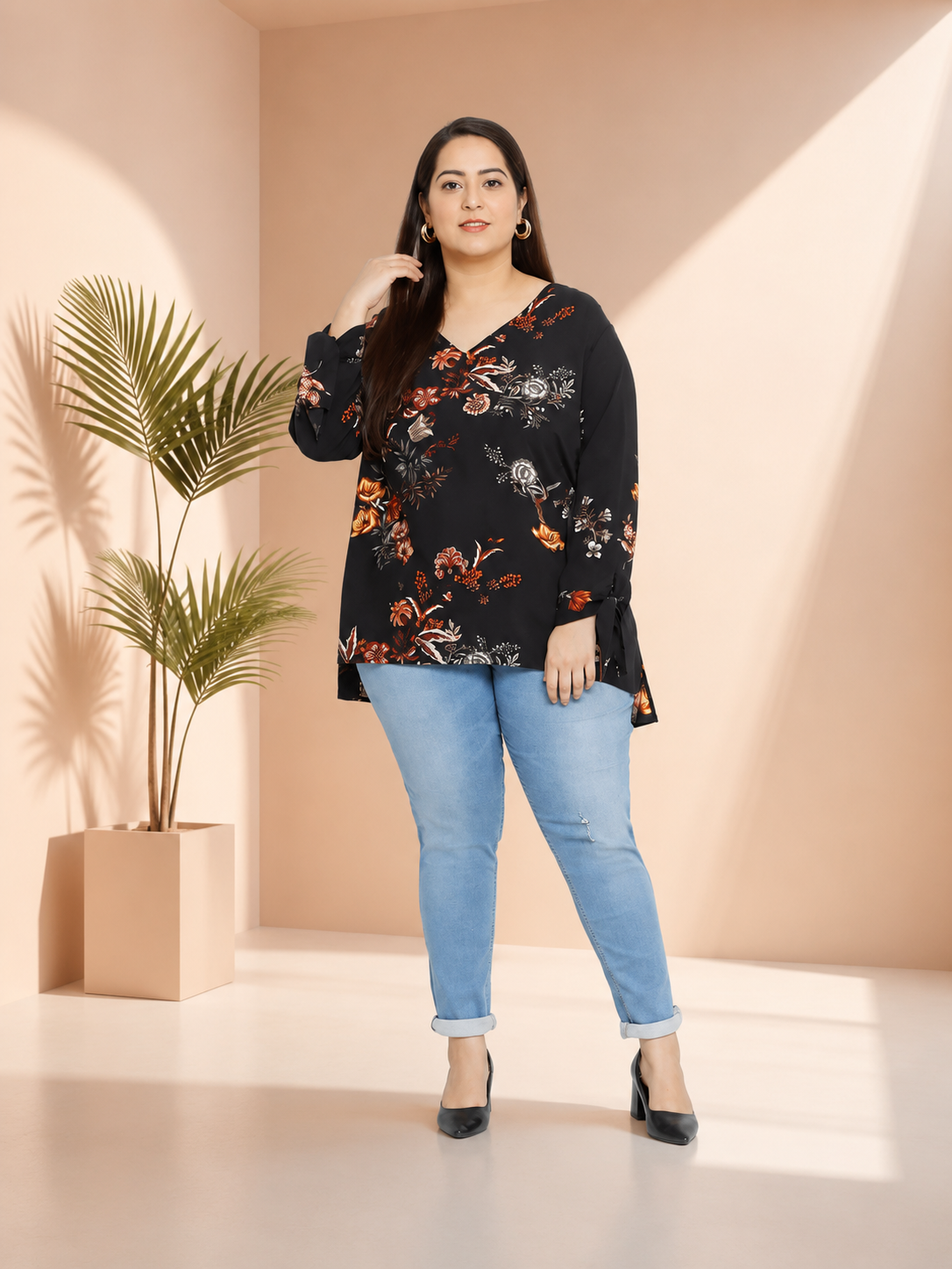 Plus Size Multicolor Floral Printed Viscose Top