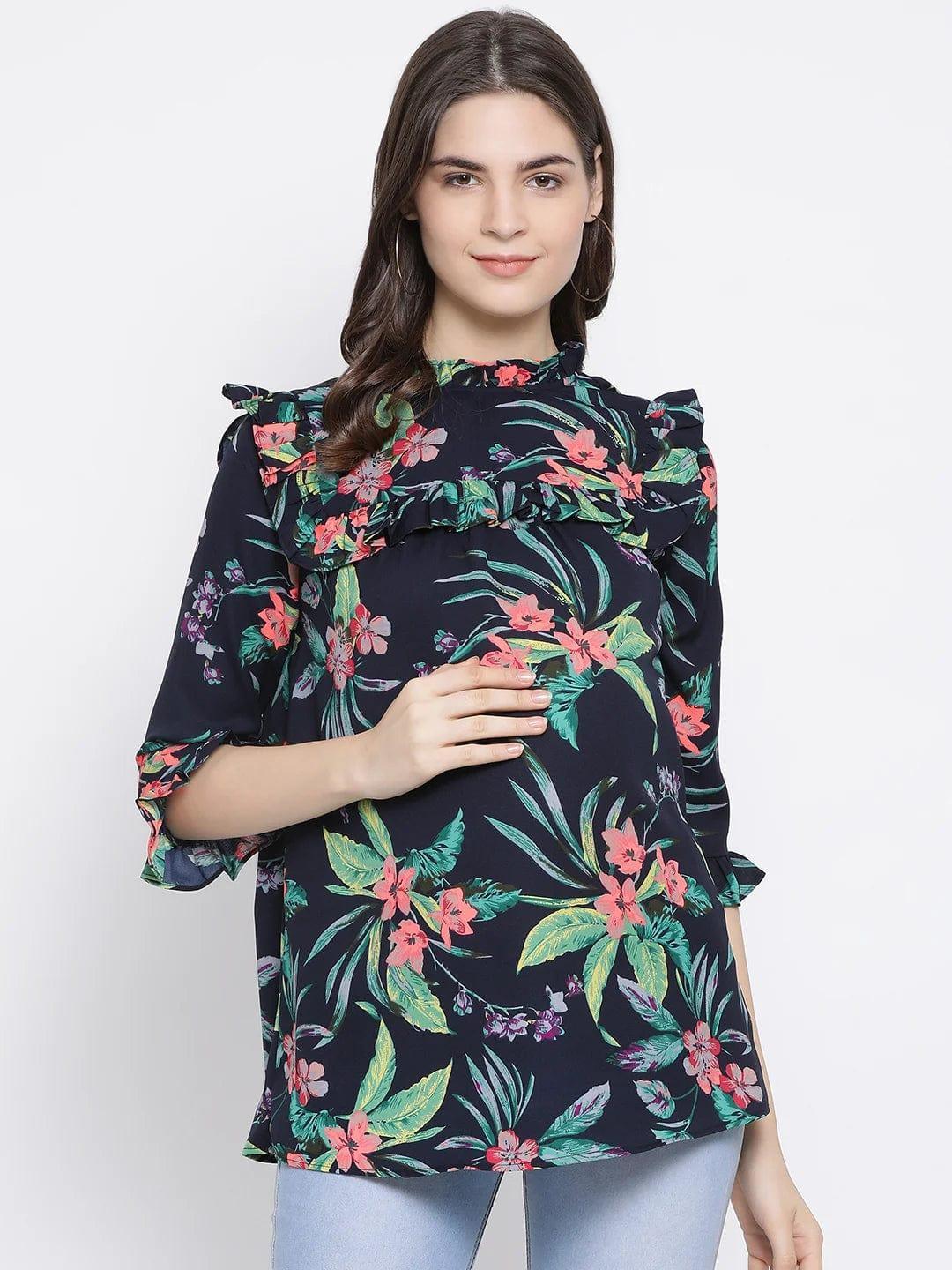Floral Wave Ruffle Maternity Top For Pregnant Women Now - oxolloxo