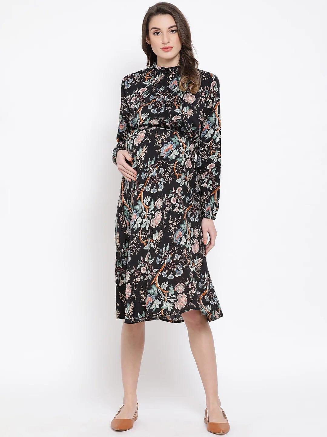 Floral Doctorial Caution Midi Maternity Dress For Expecting Moms - oxolloxo