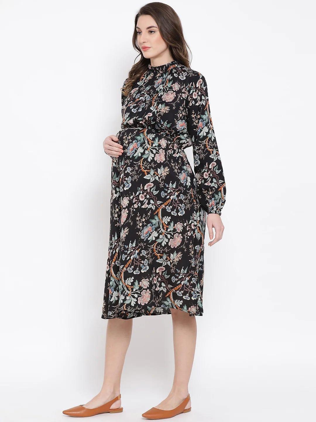Floral Doctorial Caution Midi Maternity Dress For Expecting Moms - oxolloxo