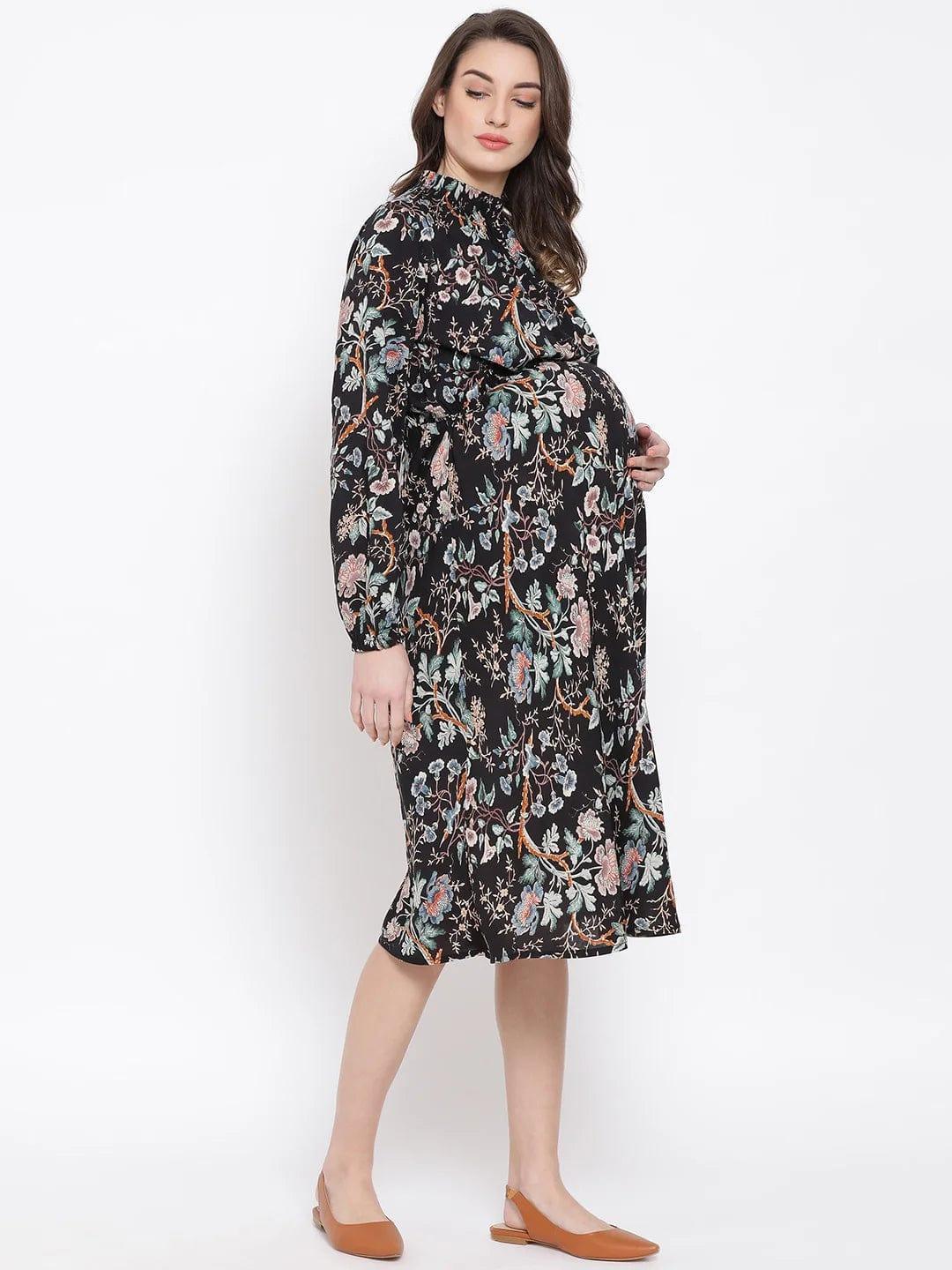 Floral Doctorial Caution Midi Maternity Dress For Expecting Moms - oxolloxo