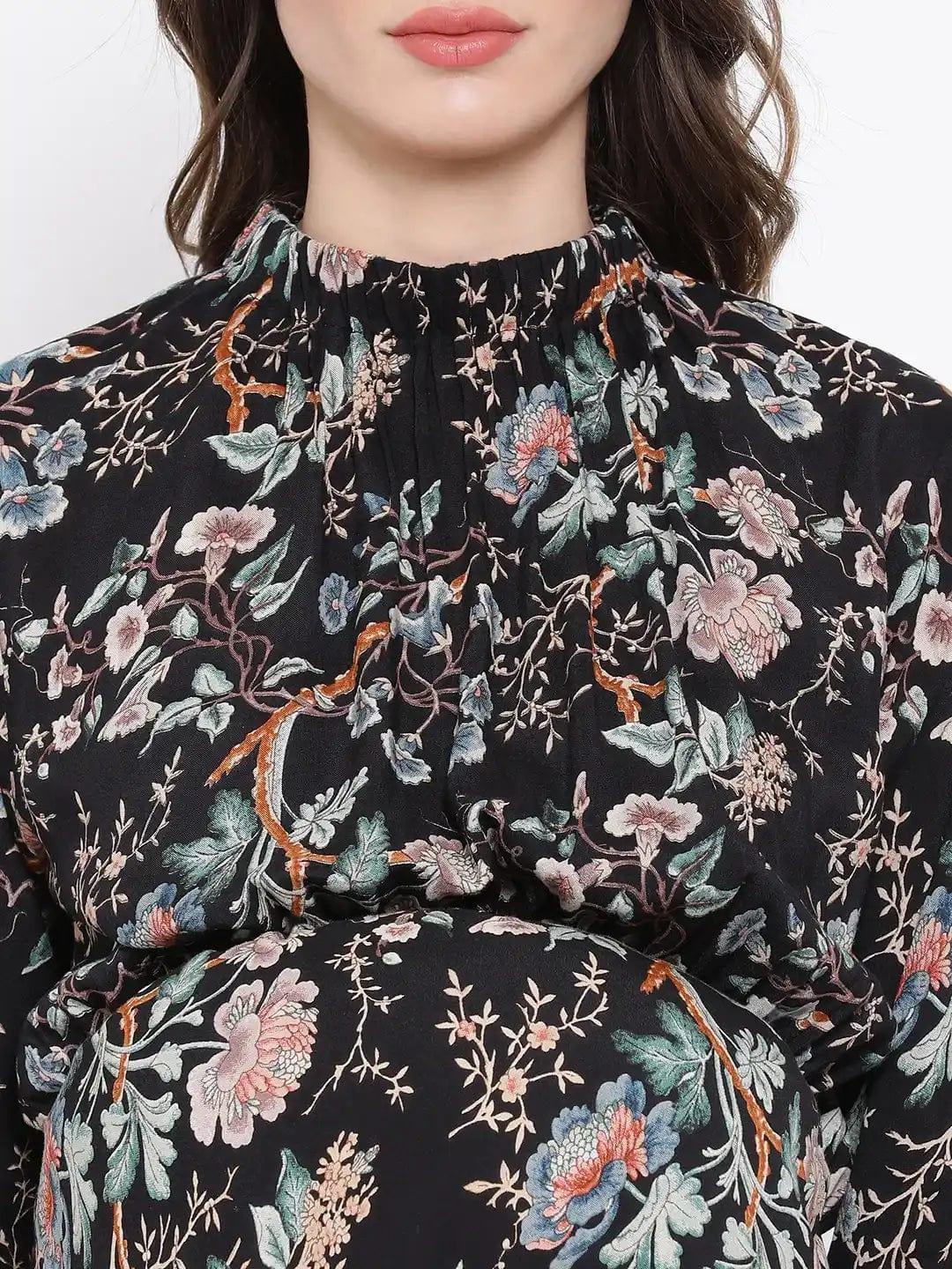 Floral Doctorial Caution Midi Maternity Dress For Expecting Moms - oxolloxo