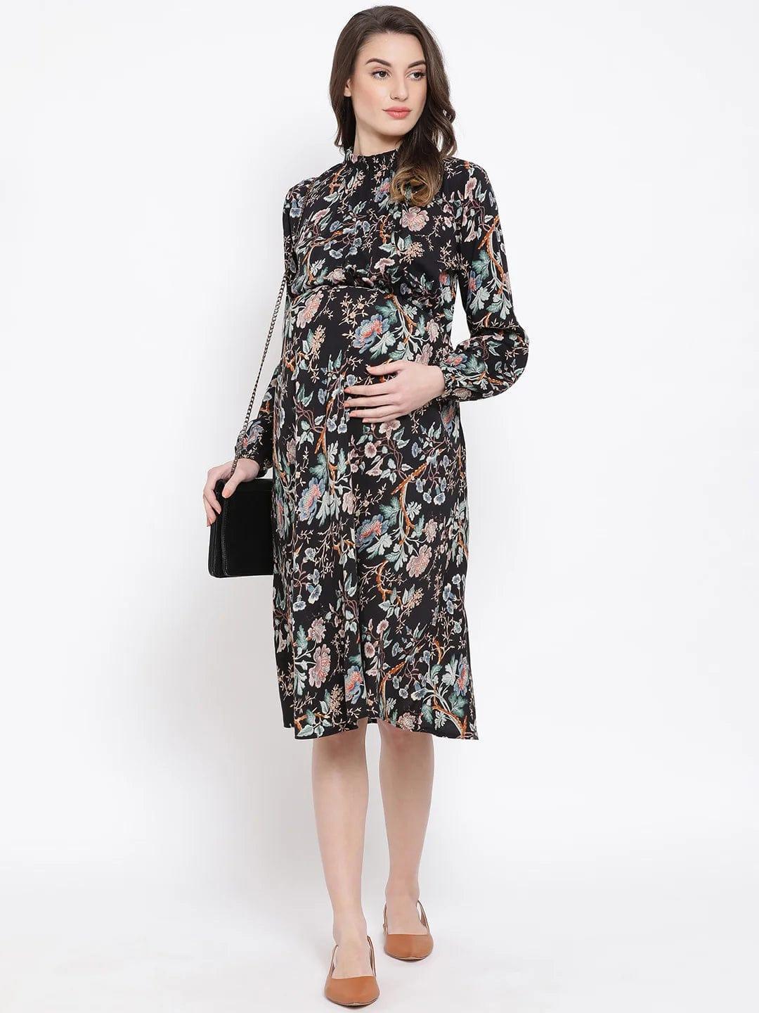 Floral Doctorial Caution Midi Maternity Dress For Expecting Moms - oxolloxo