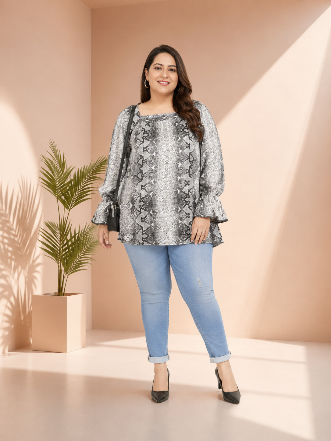 Plus Size White Printed Top