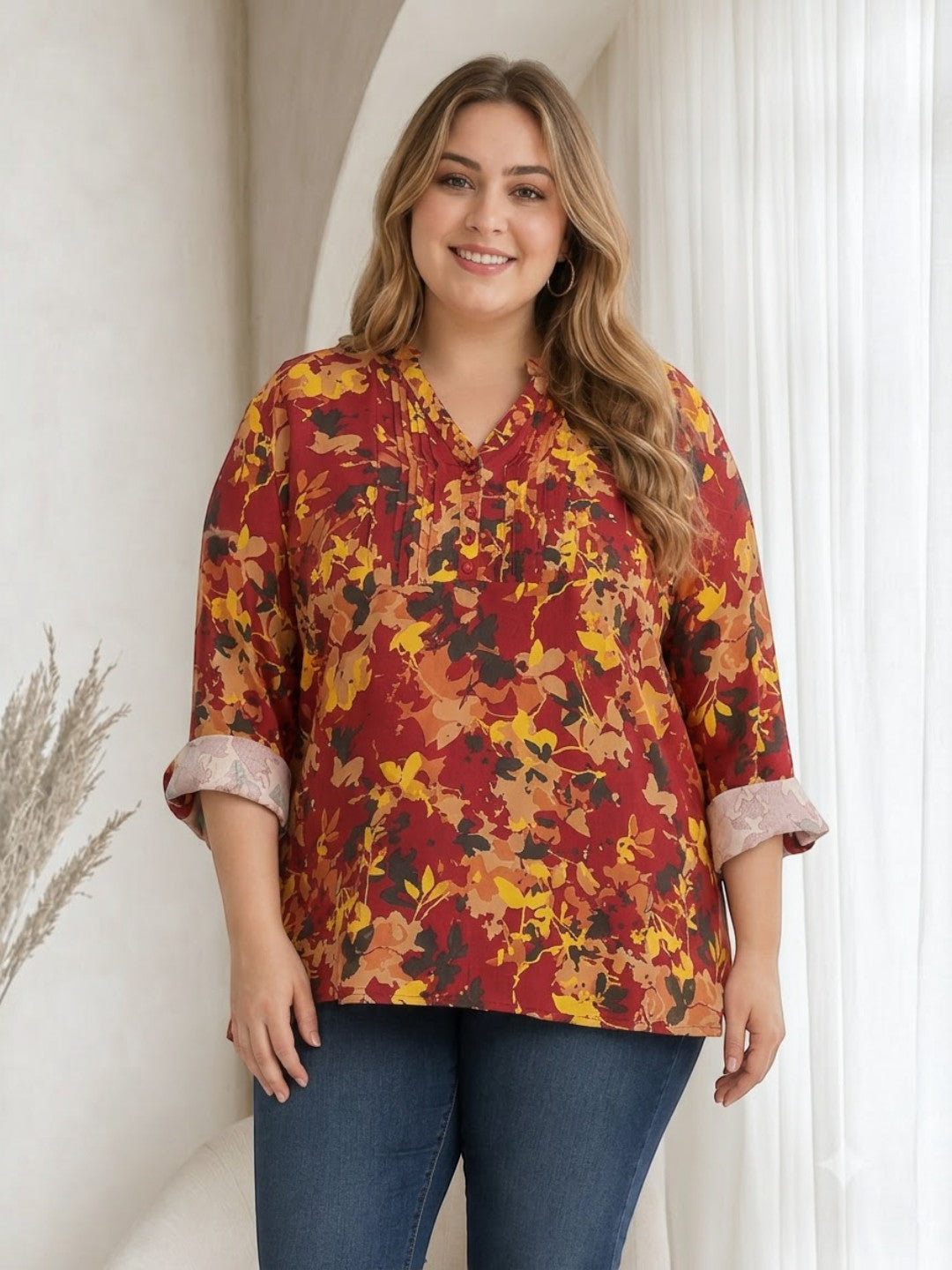 Plus Size Multicolor Floral Printed Viscose Top