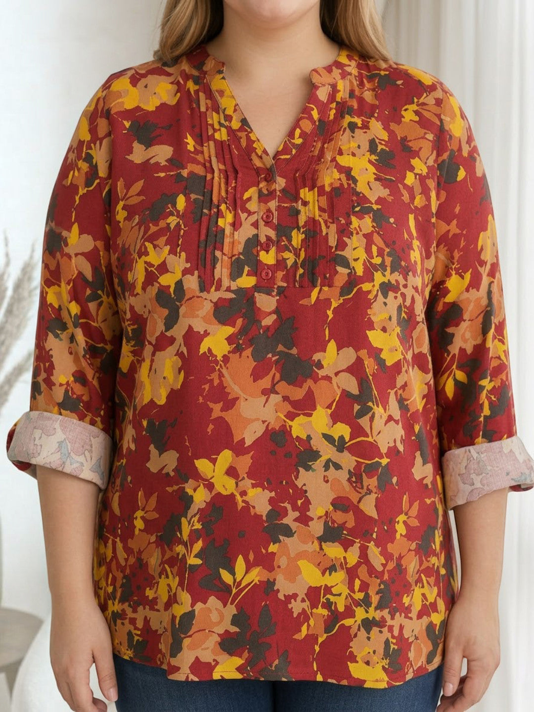 Plus Size Multicolor Floral Printed Viscose Top