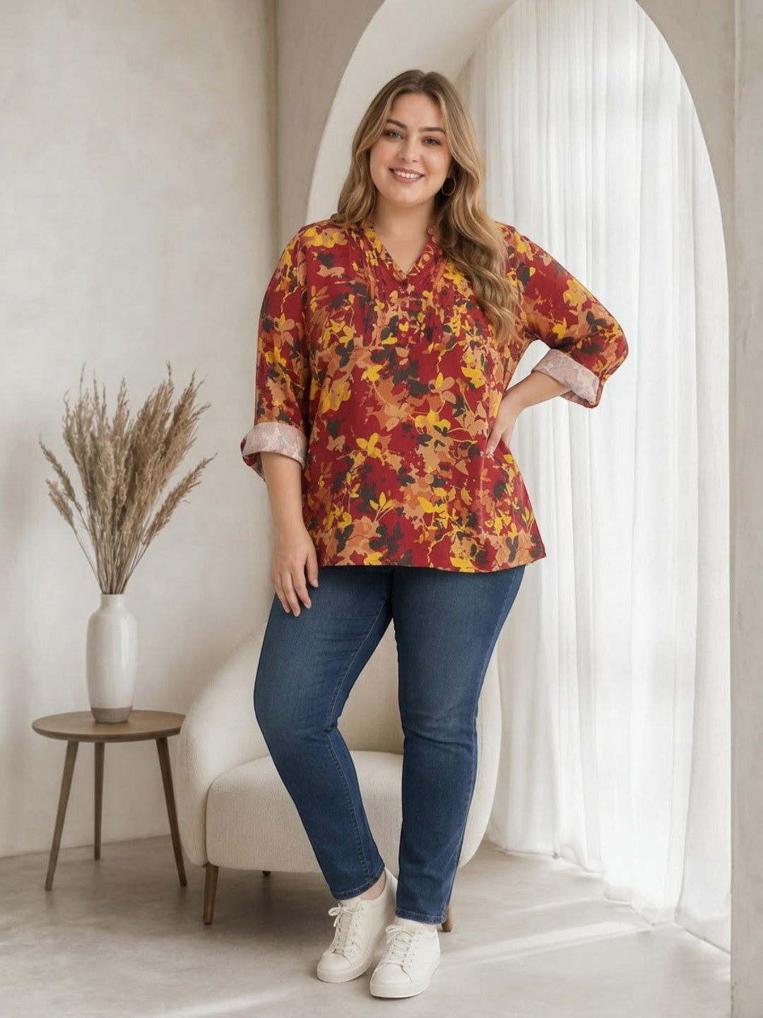 Plus Size Multicolor Floral Printed Viscose Top