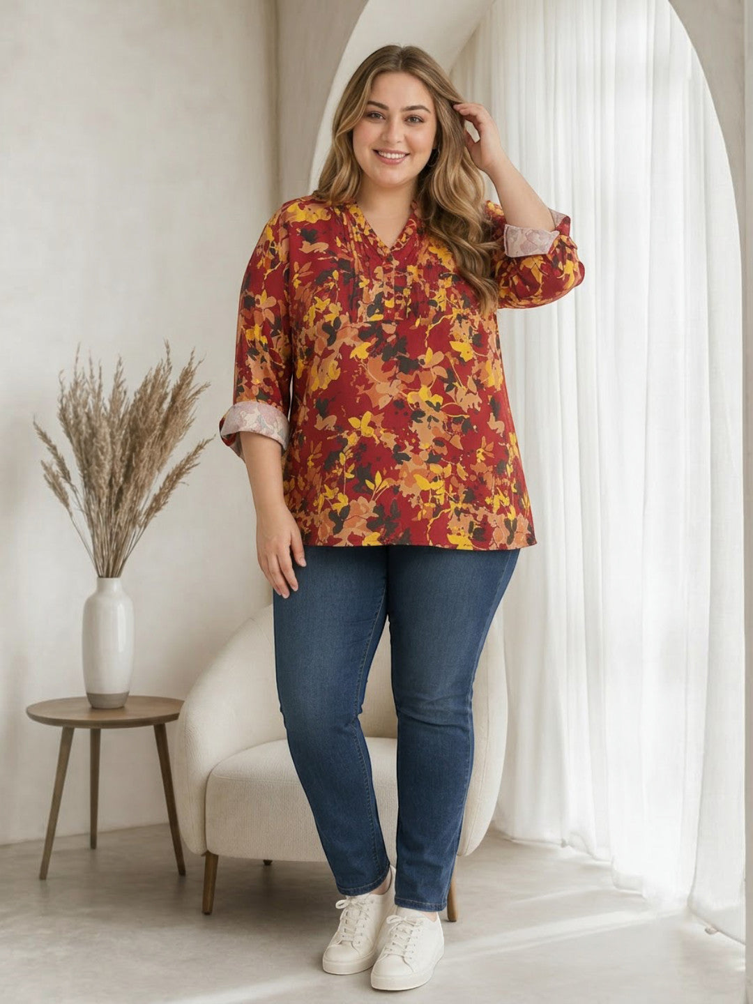 Plus Size Multicolor Floral Printed Viscose Top