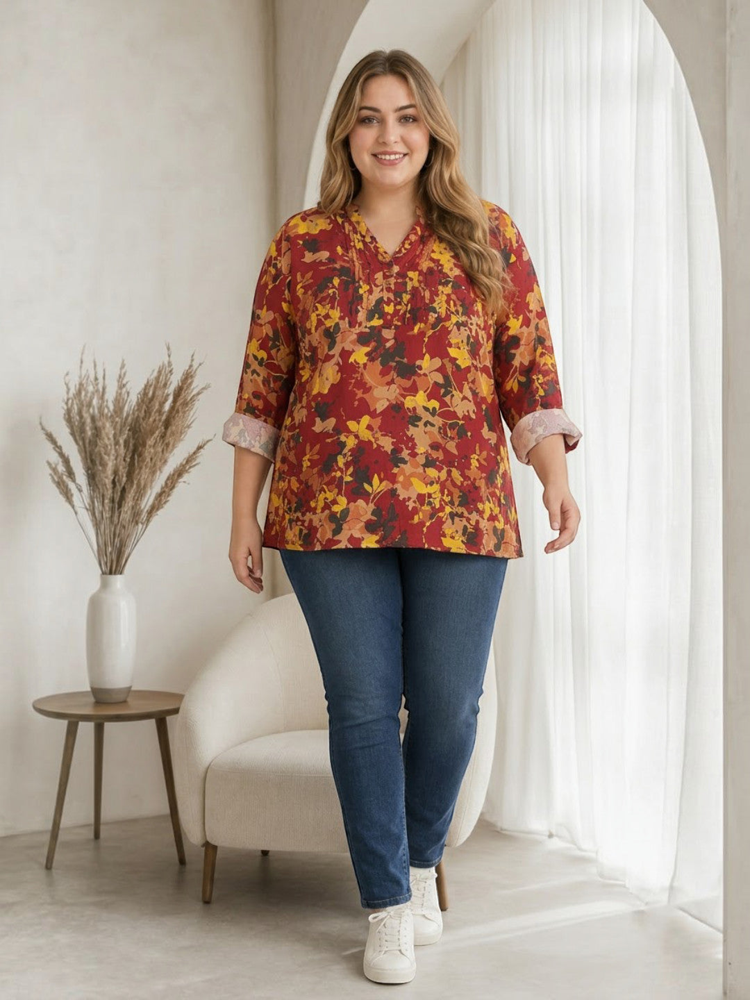Plus Size Multicolor Floral Printed Viscose Top