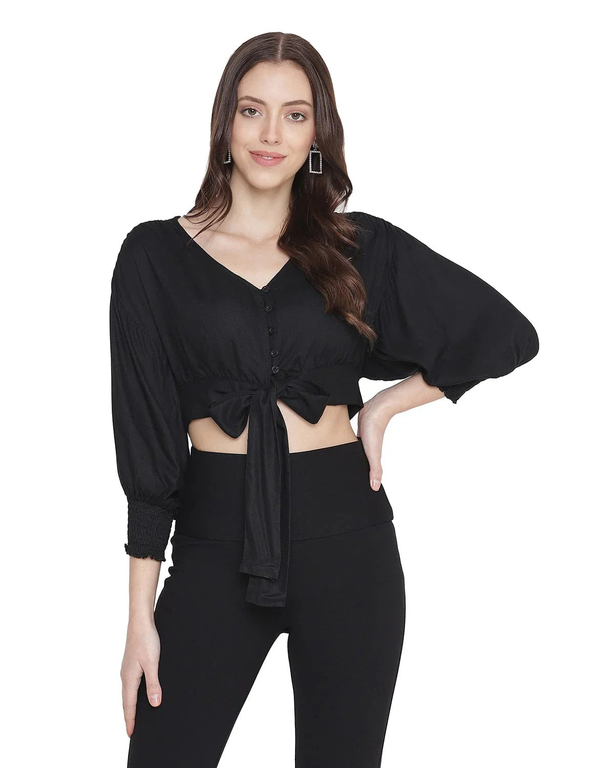 Aroma Solid Black Tie - Knot Women Top - oxolloxo