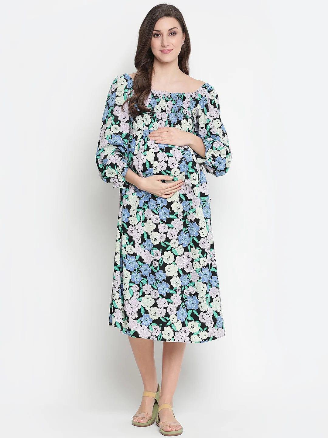 Camp Of Colors Floral Print Easy Maternity Smocking Dress - oxolloxo