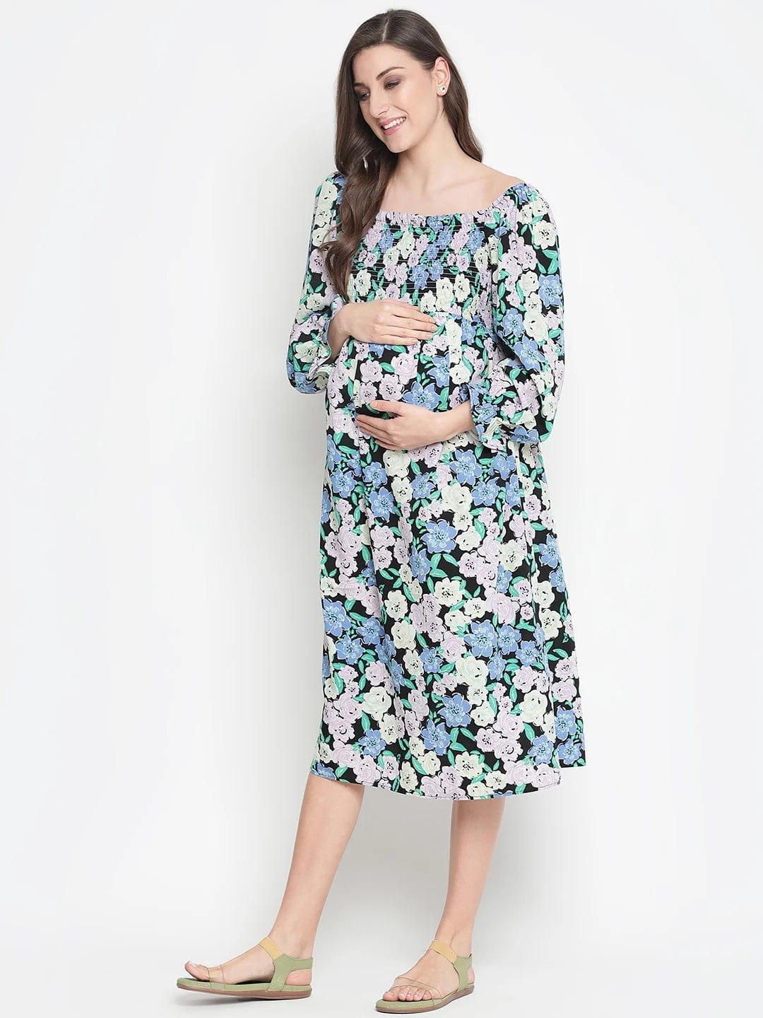 Camp Of Colors Floral Print Easy Maternity Smocking Dress - oxolloxo