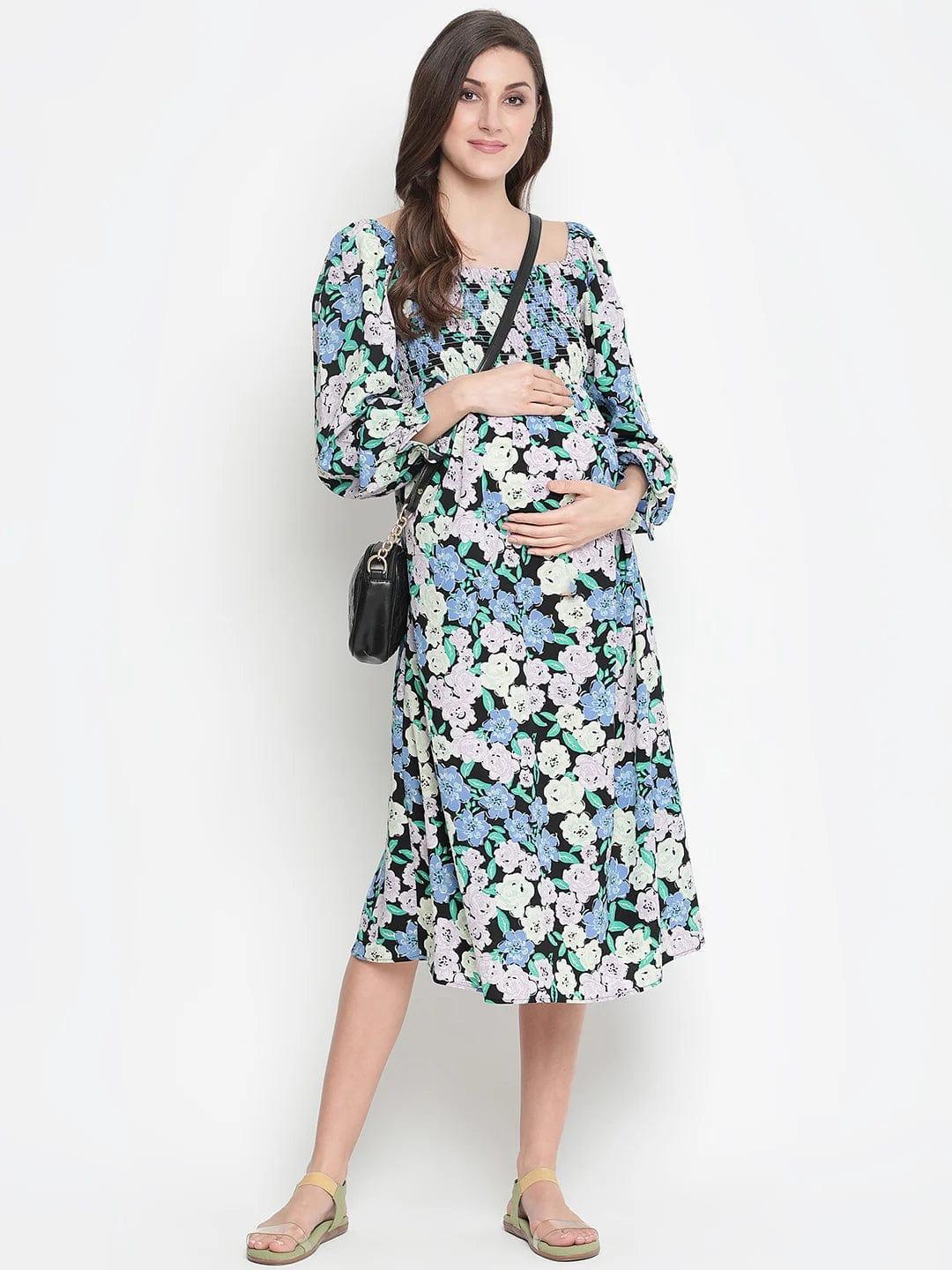 Camp Of Colors Floral Print Easy Maternity Smocking Dress - oxolloxo